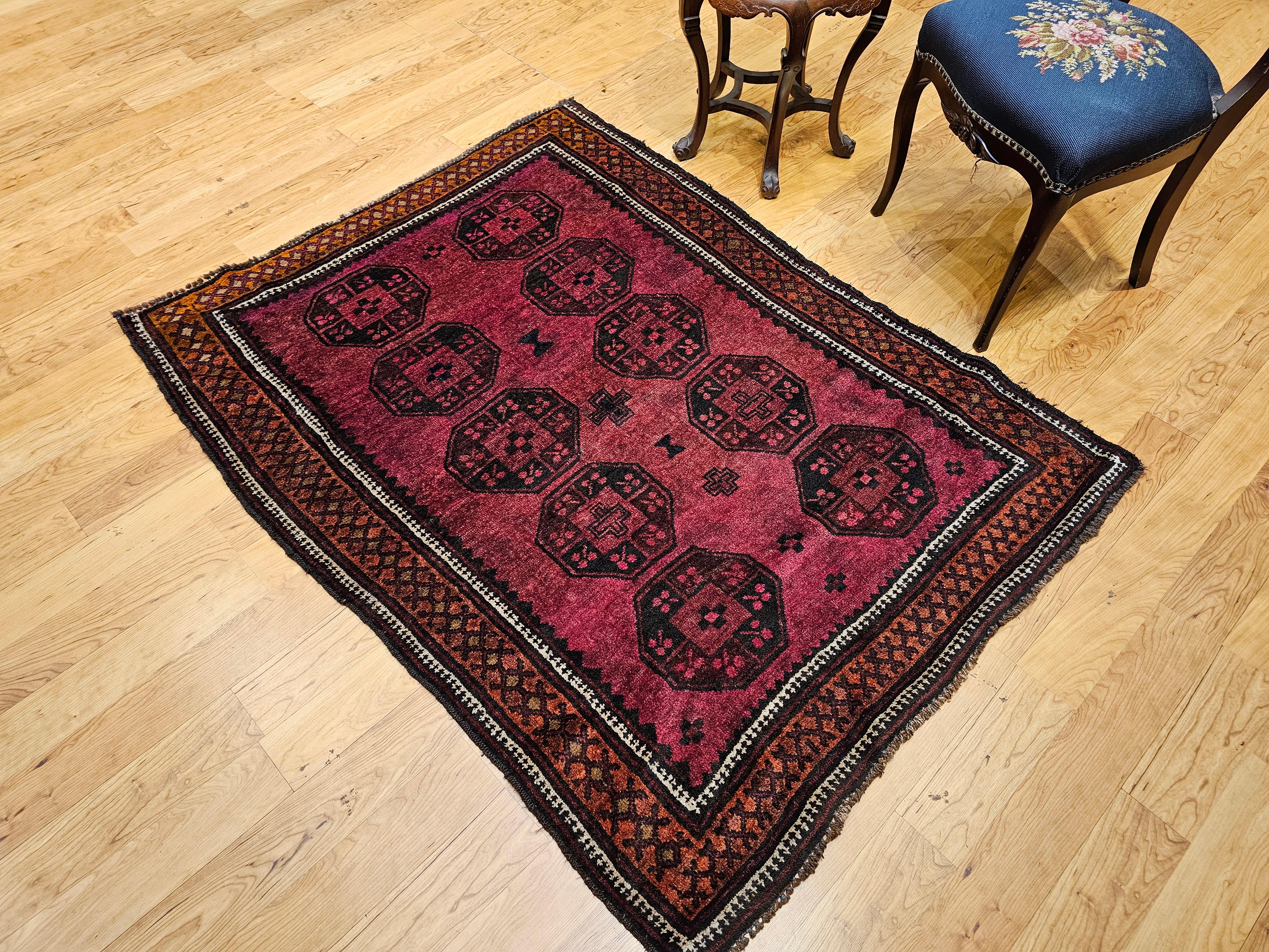 Vintage Afghan Bokhara Area Rug in Allover Geometric Pattern in Plum, Burgundy For Sale 4