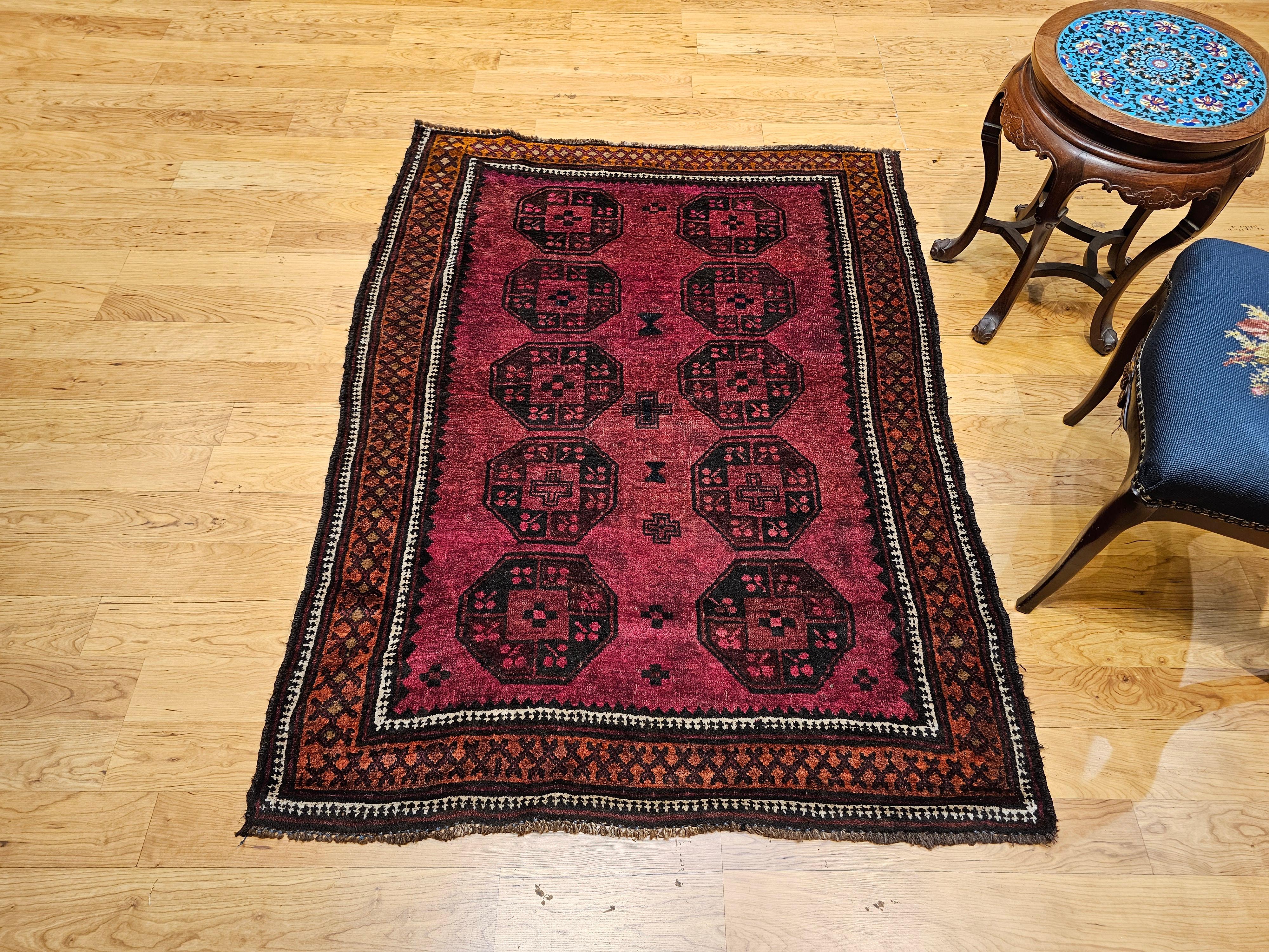 Vintage Afghan Bokhara Area Rug in Allover Geometric Pattern in Plum, Burgundy For Sale 5
