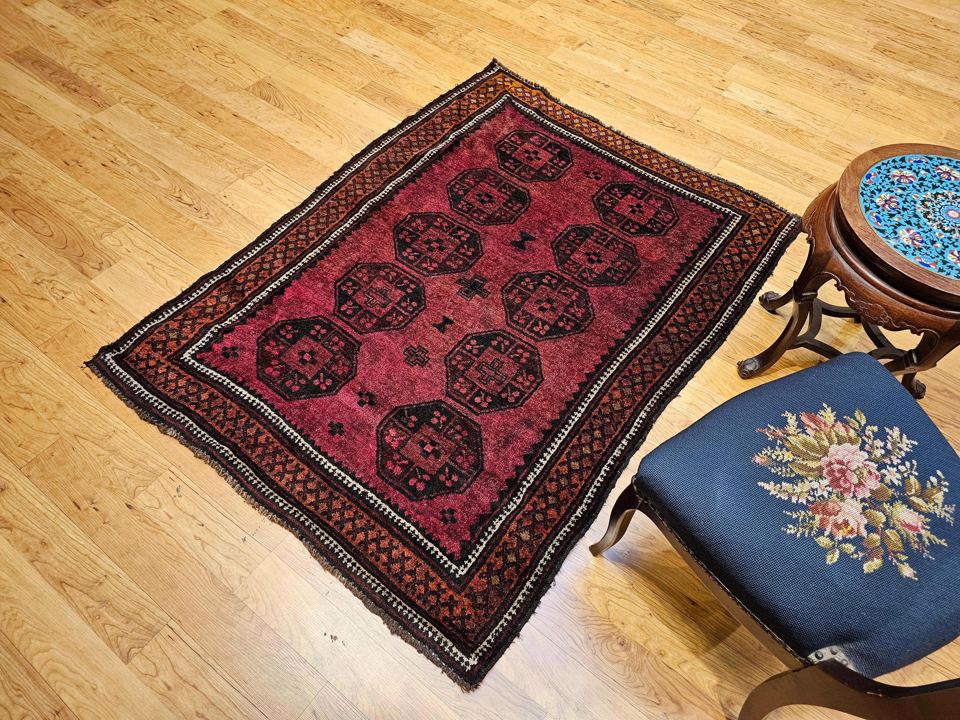 Vintage Afghan Bokhara Area Rug in Allover Geometric Pattern in Plum, Burgundy For Sale 6