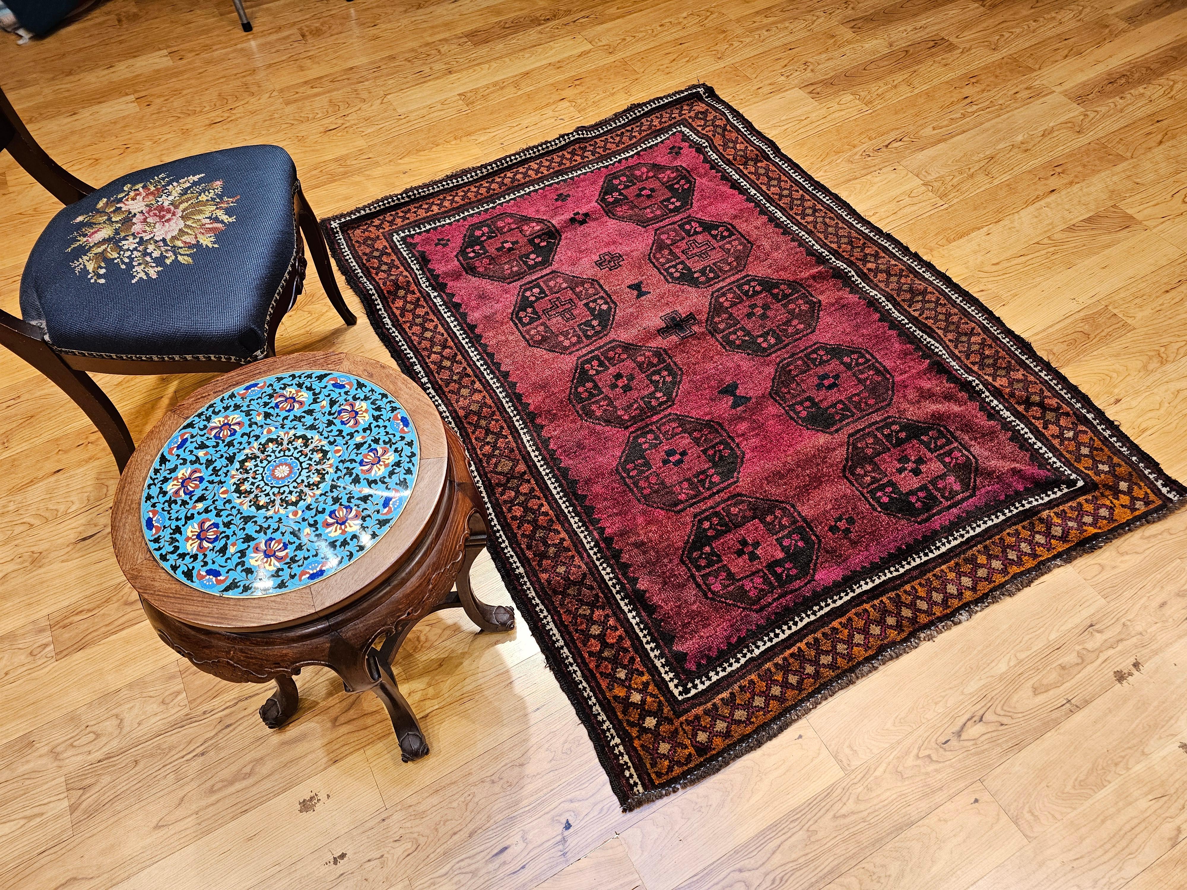 Vintage Afghan Bokhara Area Rug in Allover Geometric Pattern in Plum, Burgundy For Sale 8