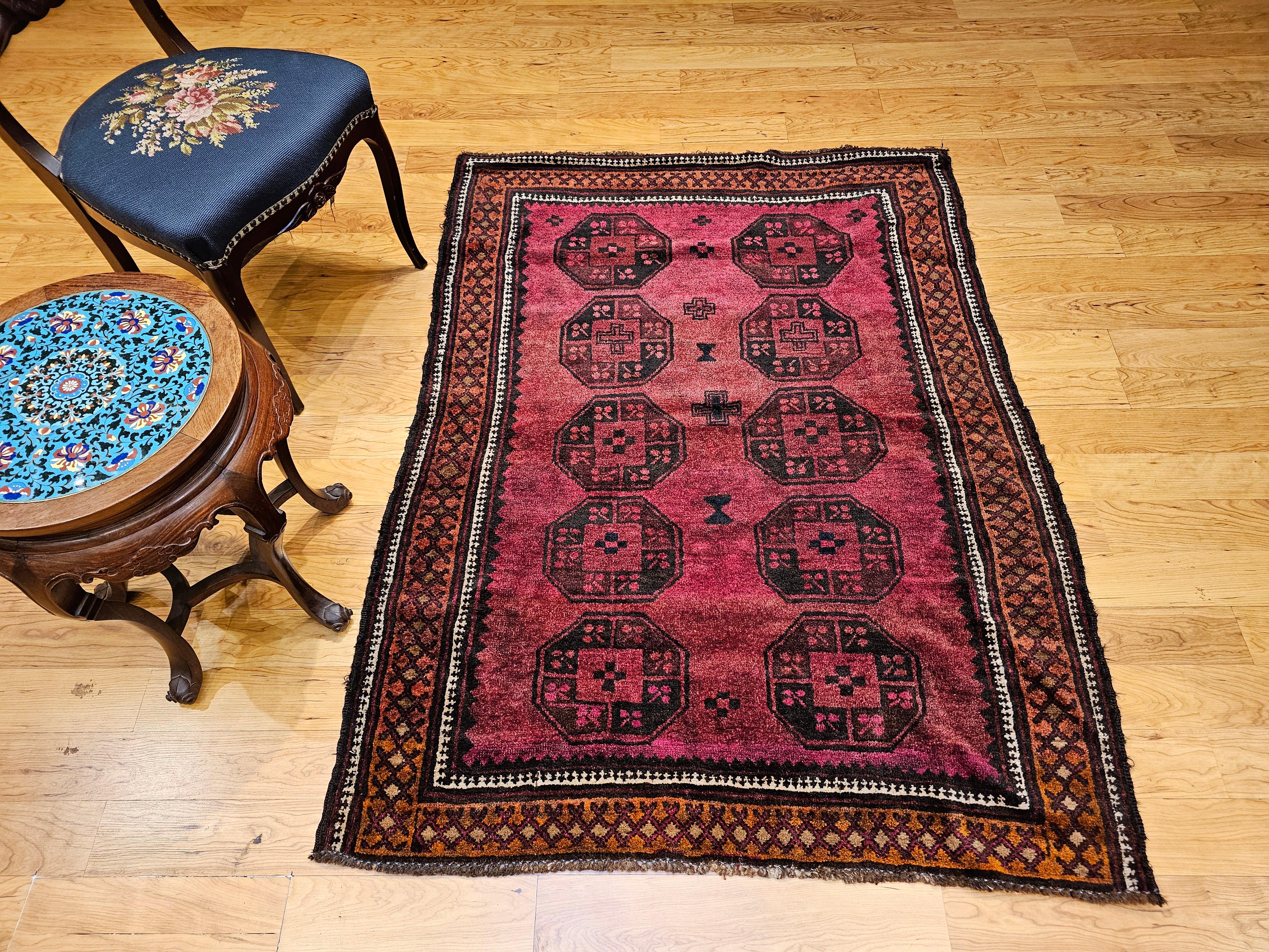 Vintage Afghan Bokhara Area Rug in Allover Geometric Pattern in Plum, Burgundy For Sale 9