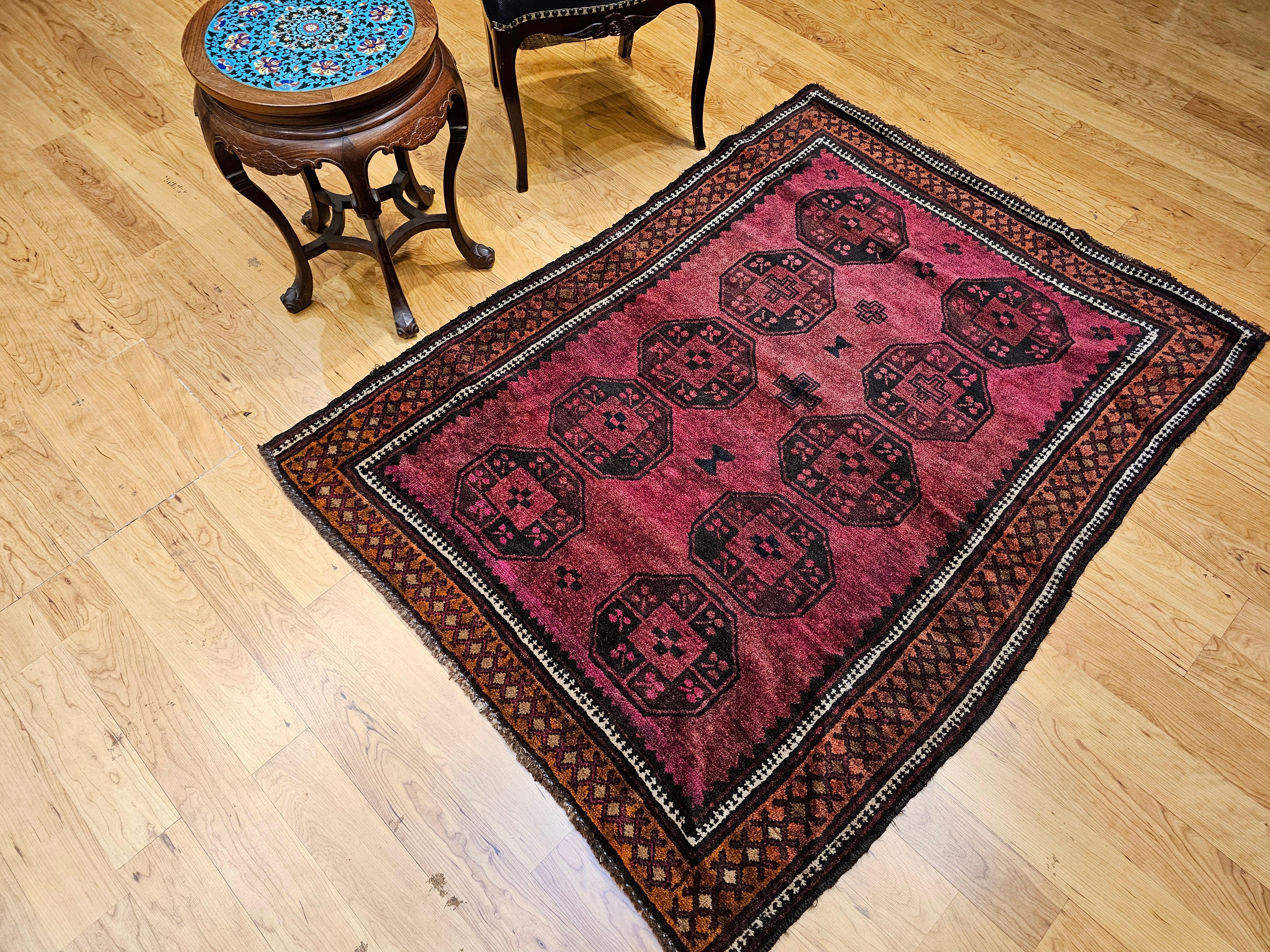 Vintage Afghan Bokhara Area Rug in Allover Geometric Pattern in Plum, Burgundy For Sale 10