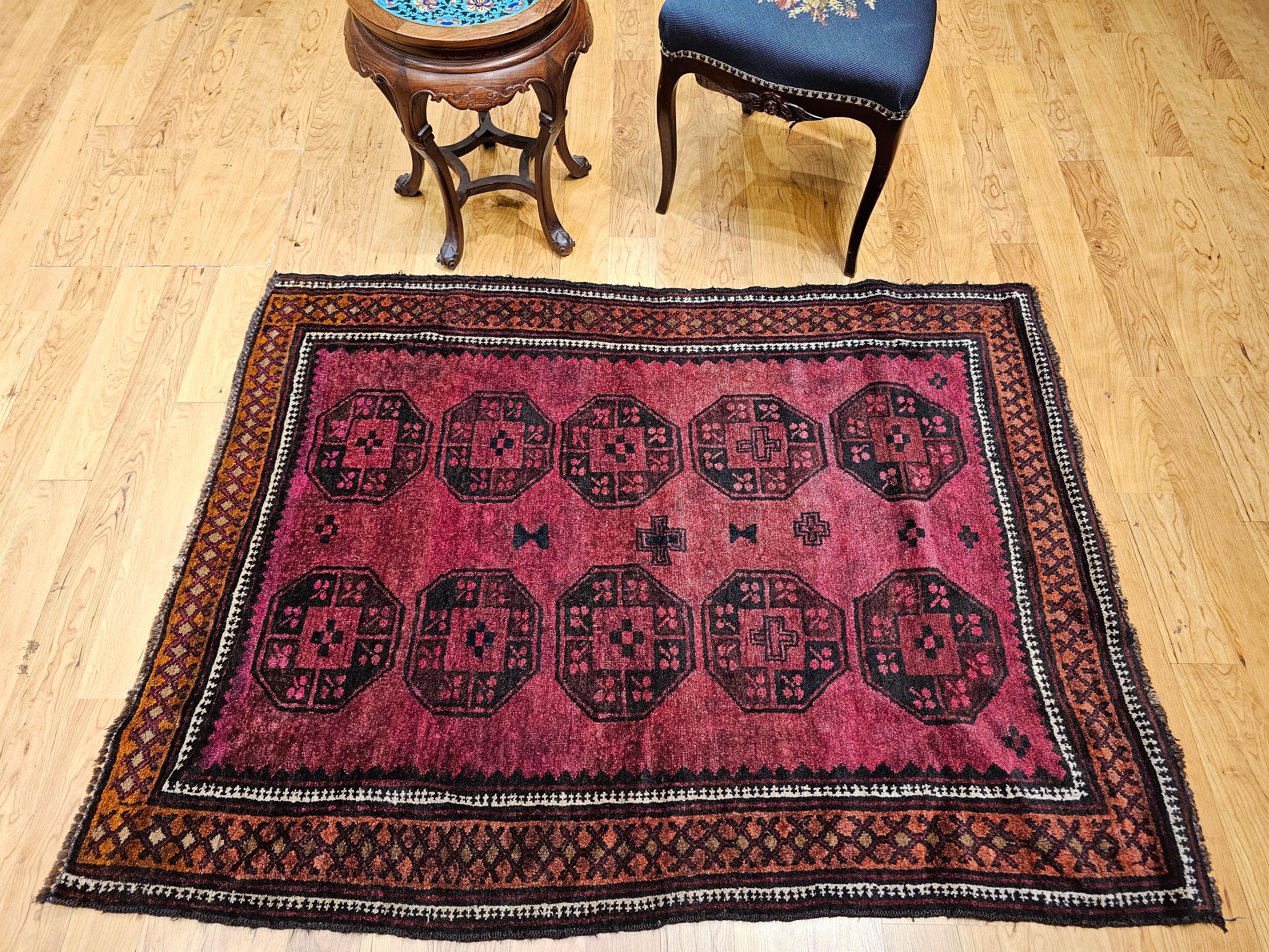 Vintage Afghan Bokhara Area Rug in Allover Geometric Pattern in Plum, Burgundy For Sale 7