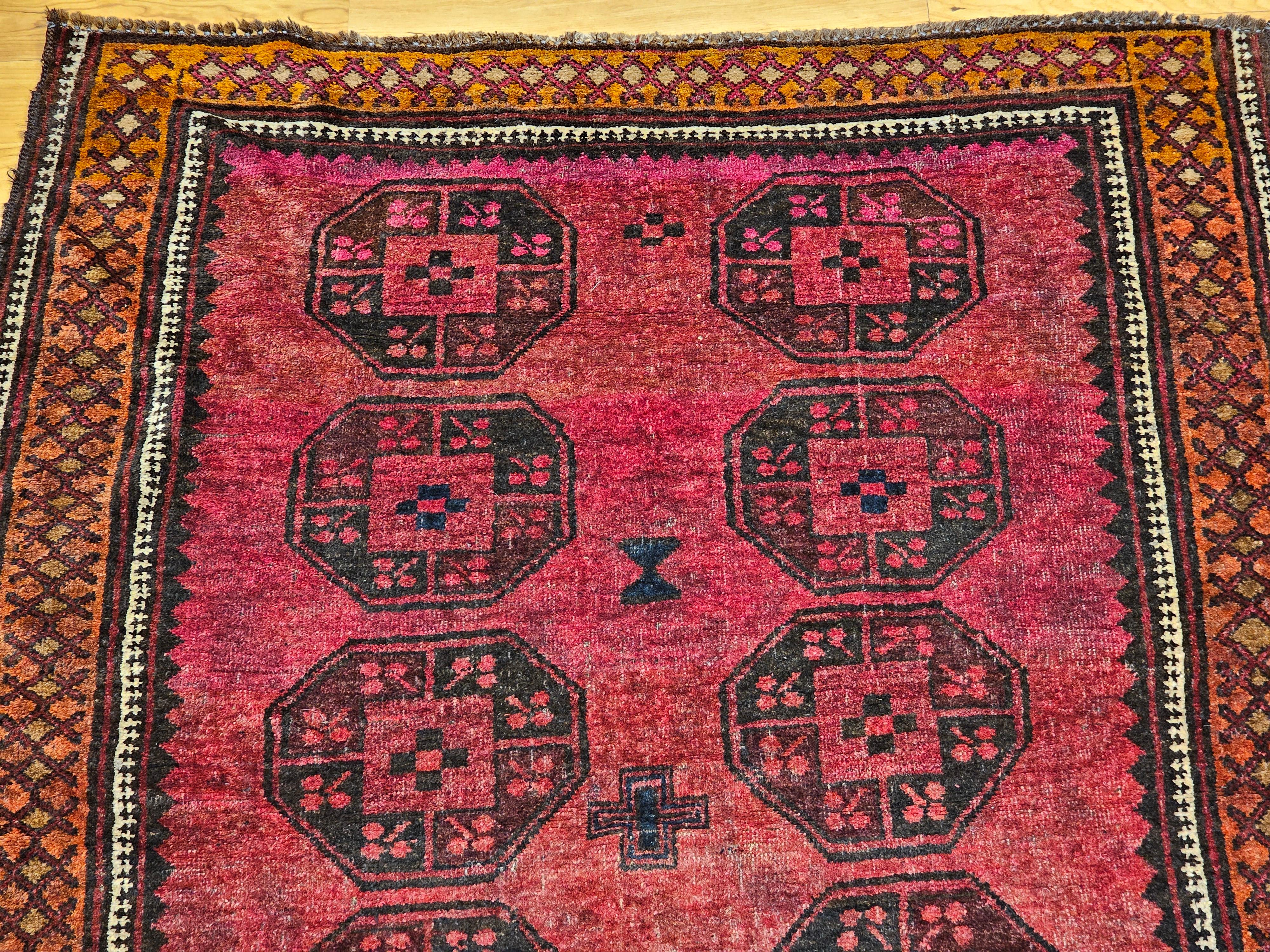 Hand-Knotted Vintage Afghan Bokhara Area Rug in Allover Geometric Pattern in Plum, Burgundy For Sale