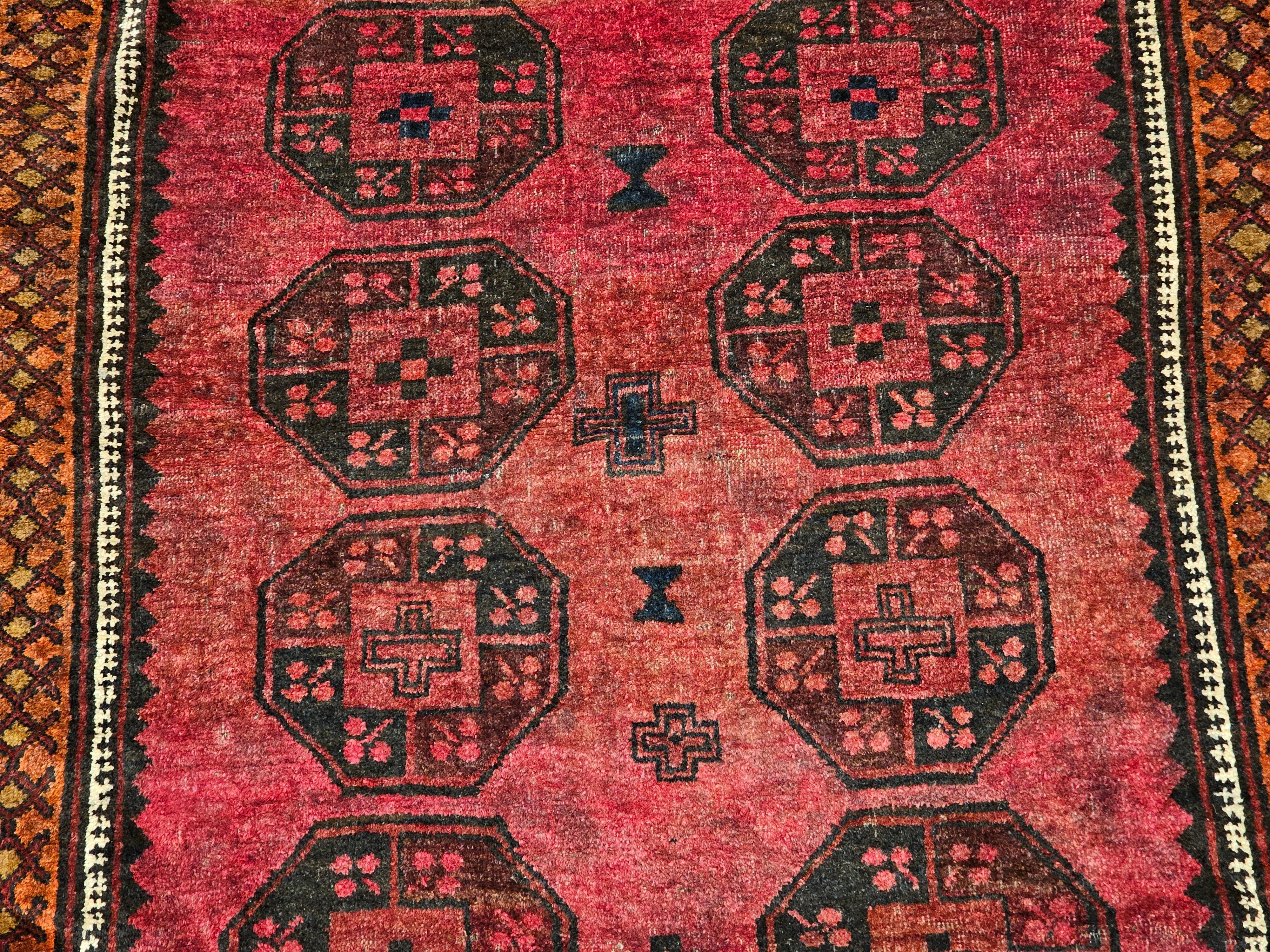 Vintage Afghan Bokhara Area Rug in Allover Geometric Pattern in Plum, Burgundy In Good Condition For Sale In Barrington, IL