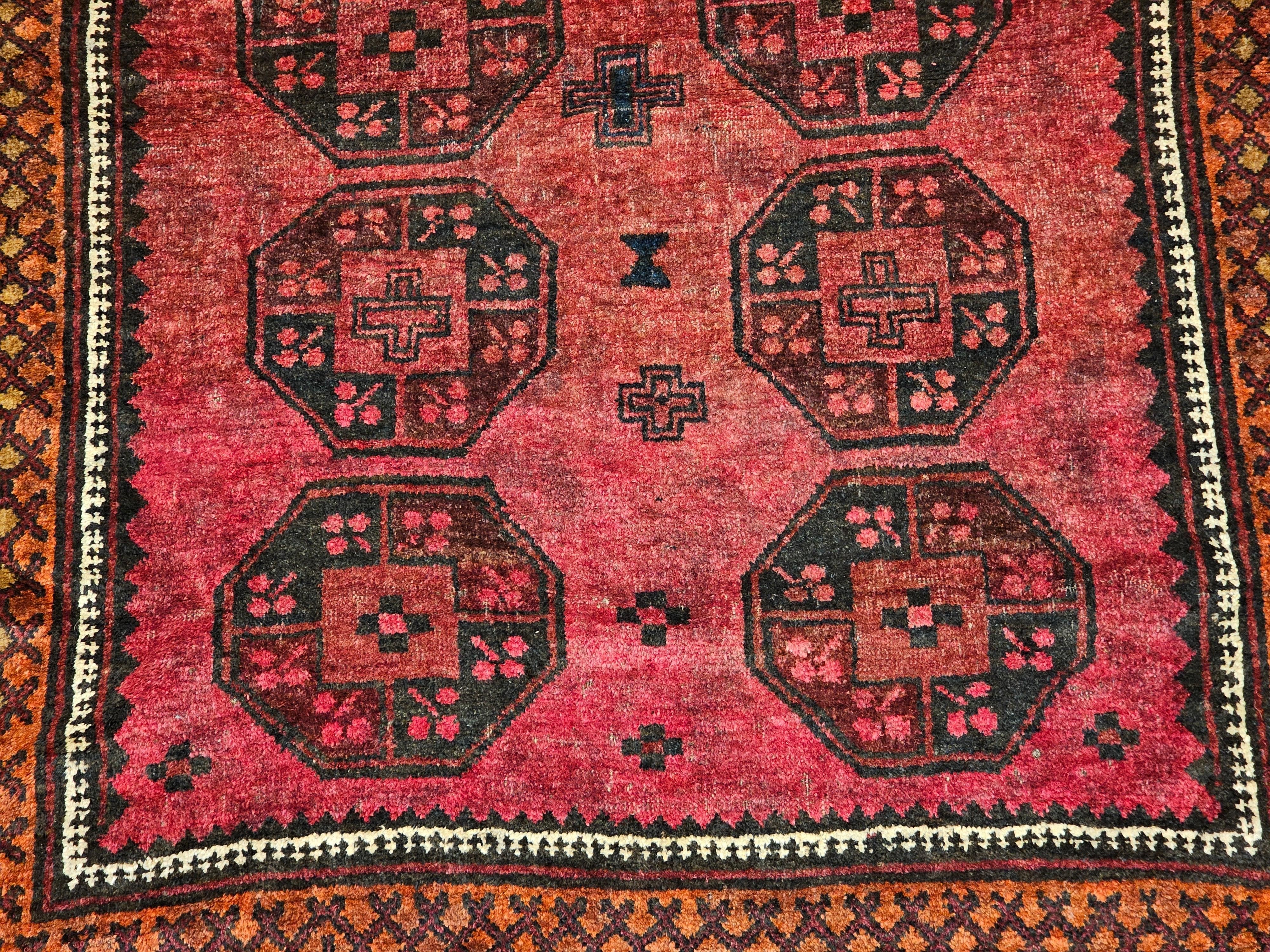 20th Century Vintage Afghan Bokhara Area Rug in Allover Geometric Pattern in Plum, Burgundy For Sale