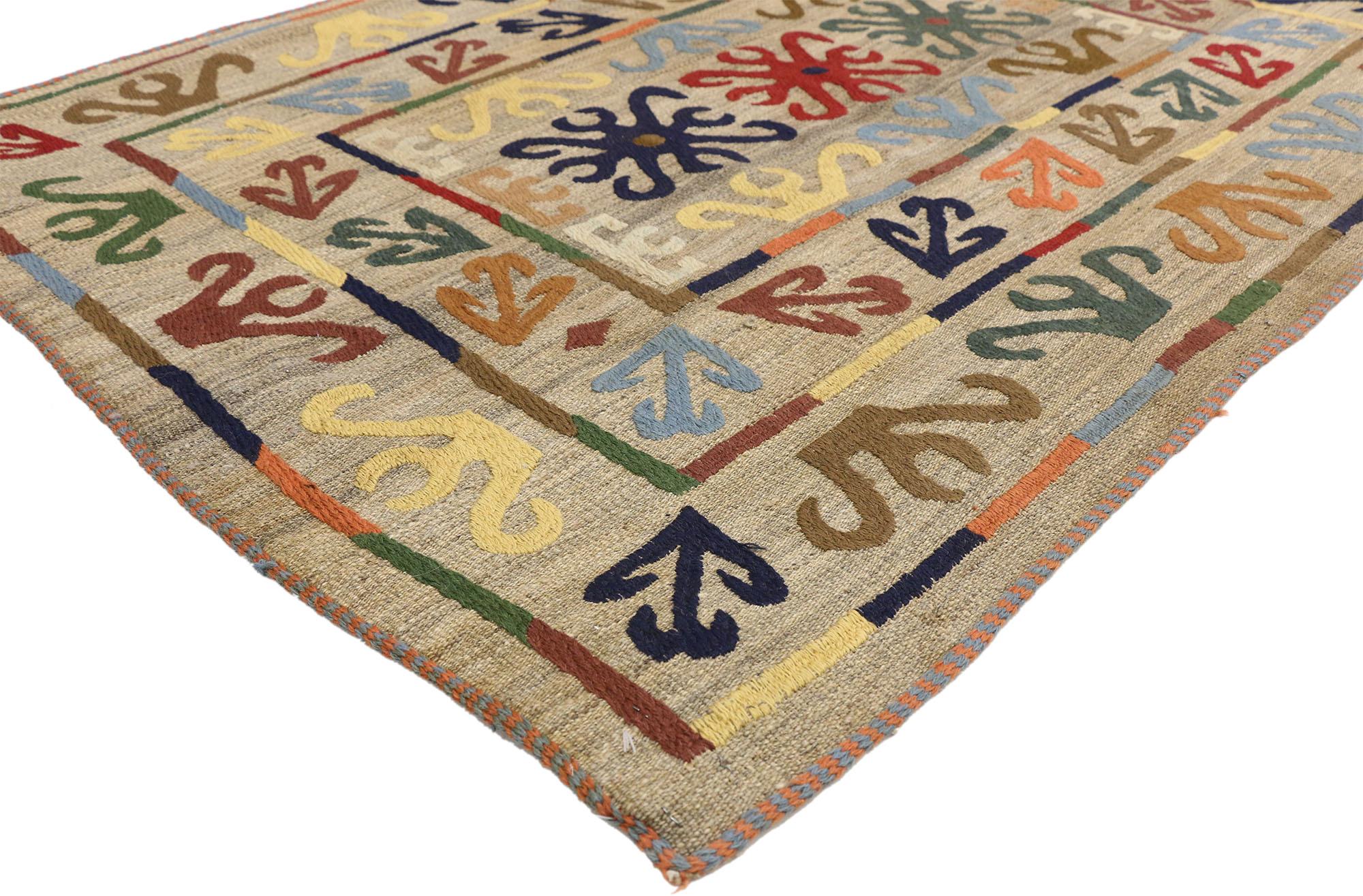 76994 Vintage Afghan Suzani Kilim Rug with Modern Tribal Style. This vintage Afghan Suzani Kilim rug with modern tribal style communicates some of the finer and more important points of geometric design elements. Classically composed and boasting