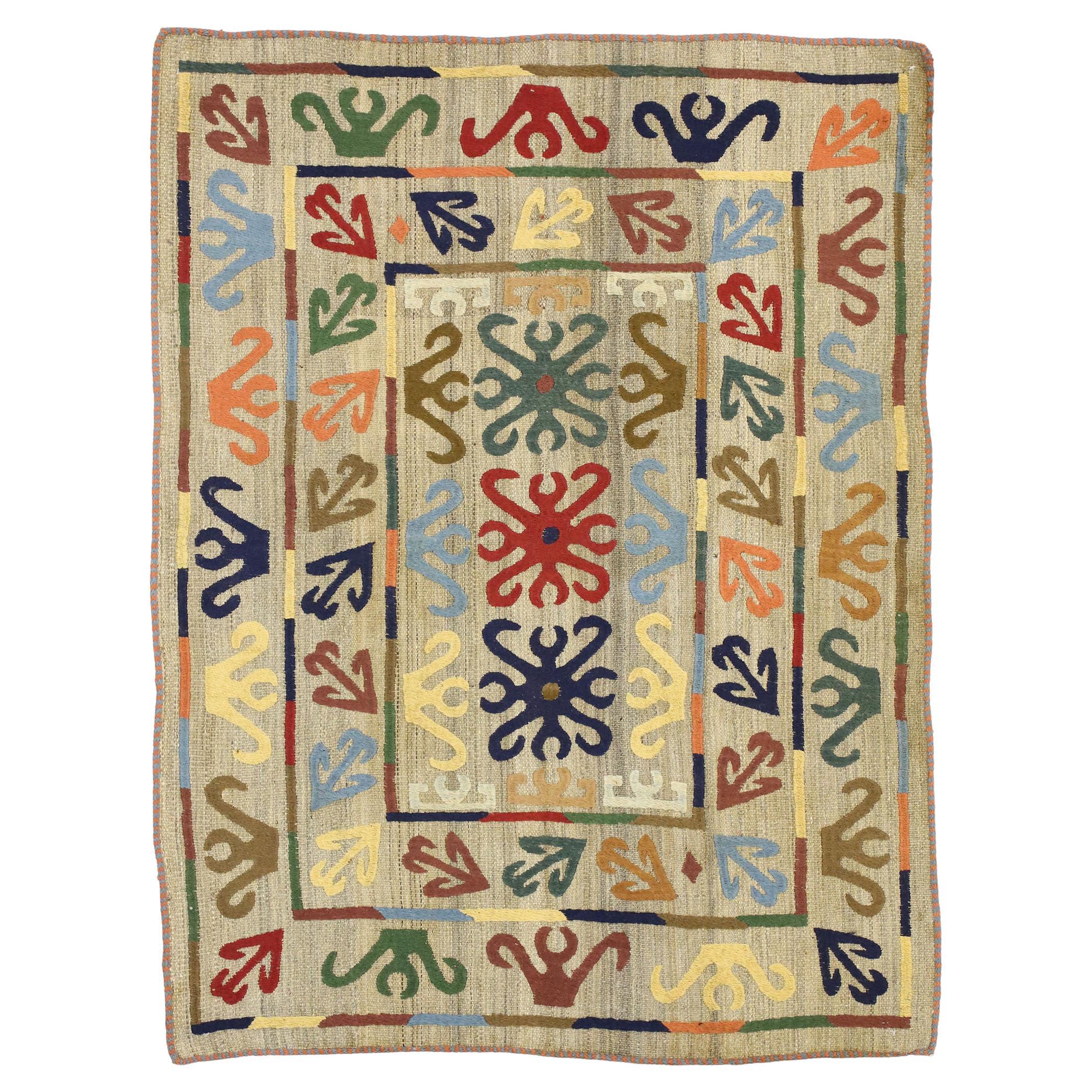 Vintage Afghan Embroidered Suzani Kilim Rug with Modern Tribal Style