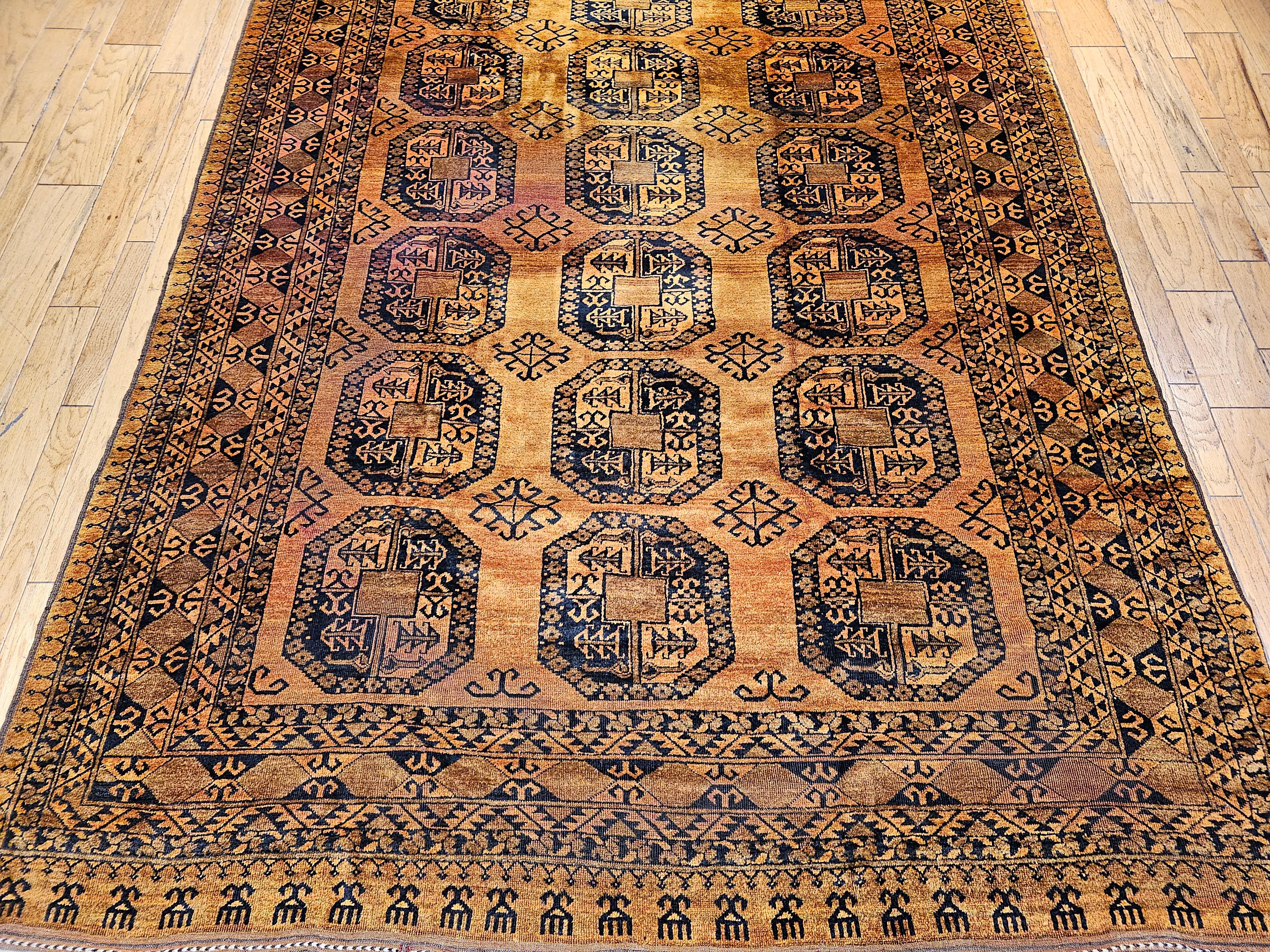 Vegetable Dyed Vintage Afghan Ersari Room Size Rug in Geometric Gul Pattern in Camel Hair, Navy For Sale