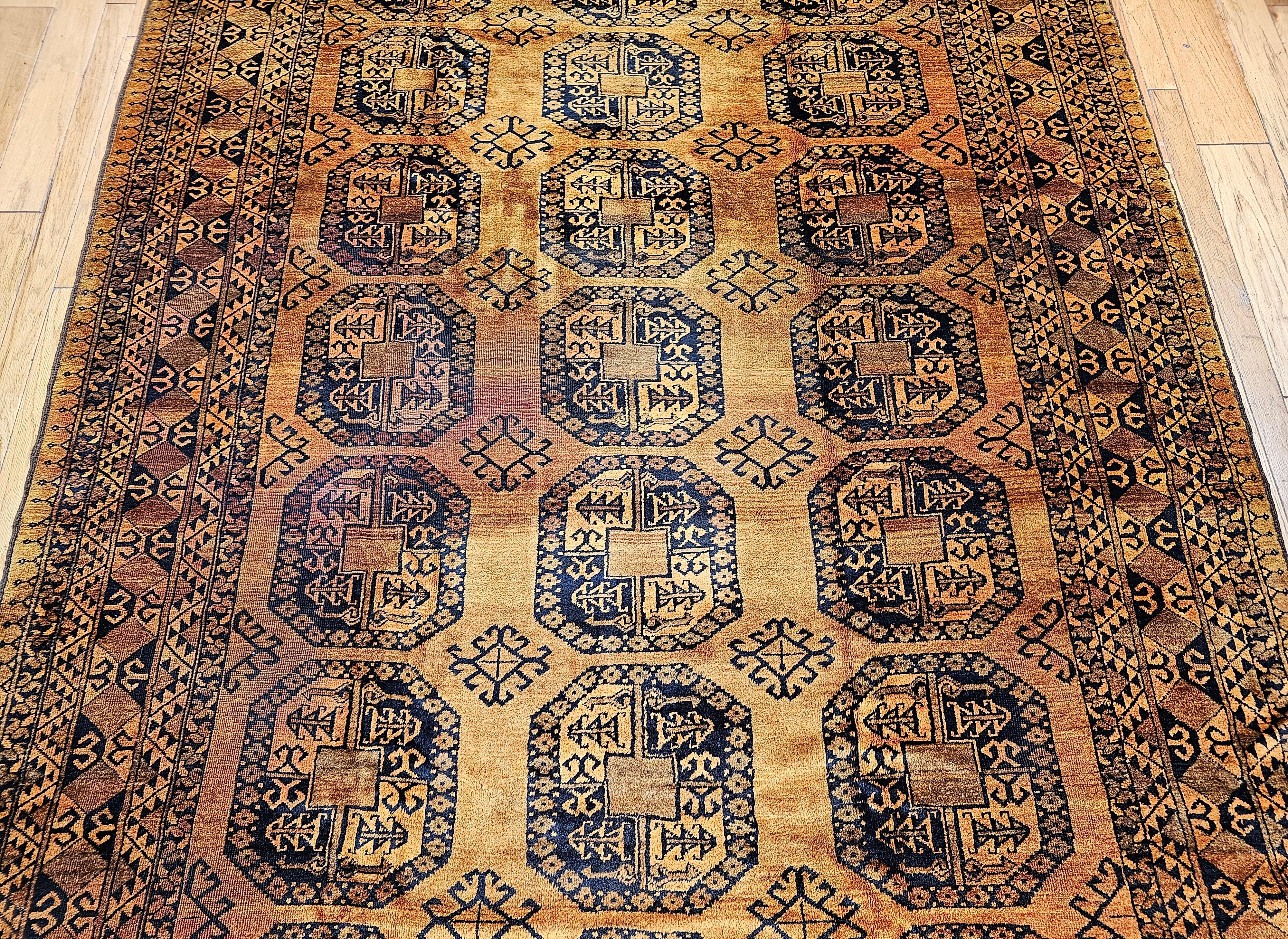 Vintage Afghan Ersari Room Size Rug in Geometric Gul Pattern in Camel Hair, Navy In Good Condition For Sale In Barrington, IL
