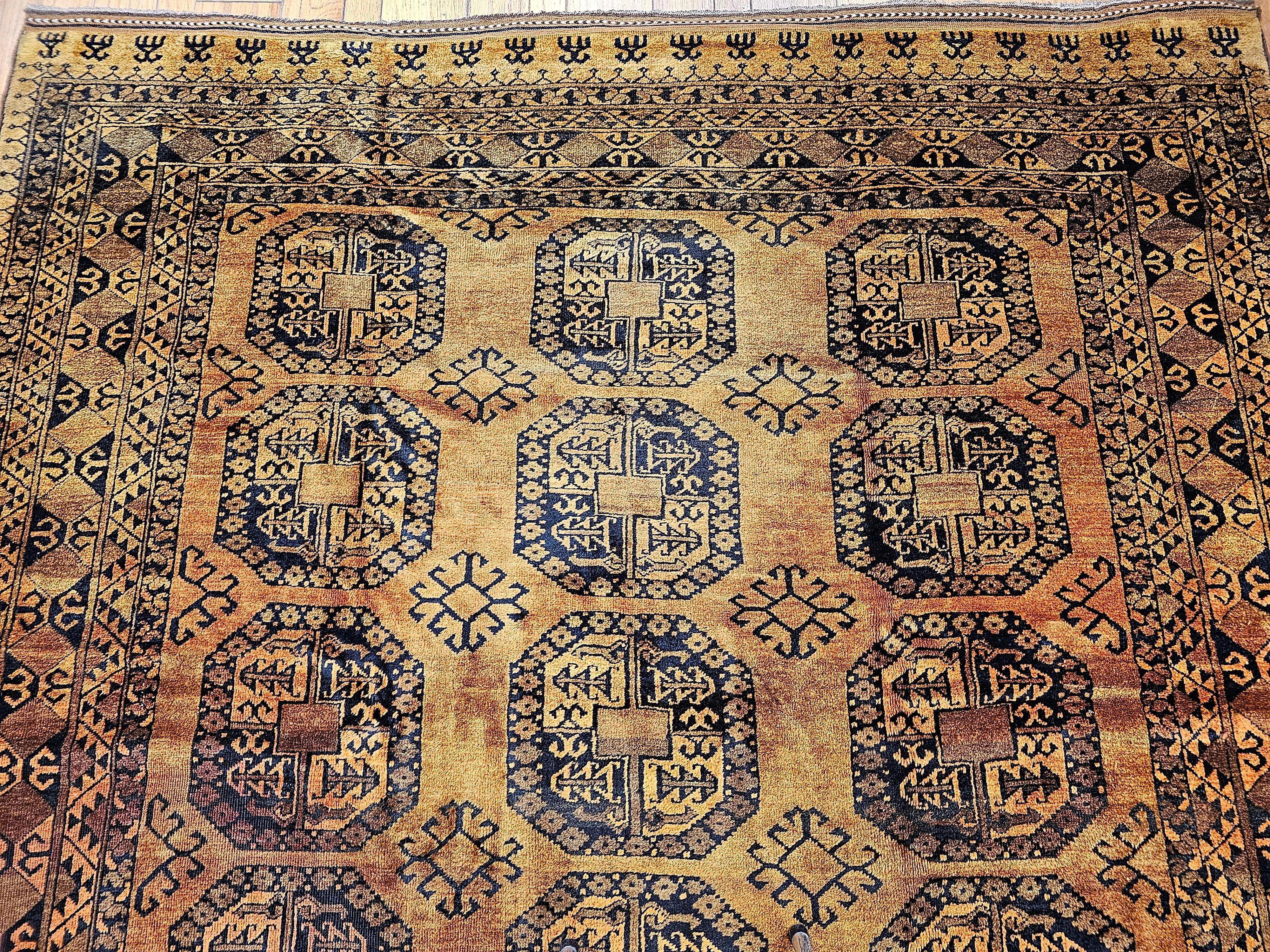 20th Century Vintage Afghan Ersari Room Size Rug in Geometric Gul Pattern in Camel Hair, Navy For Sale