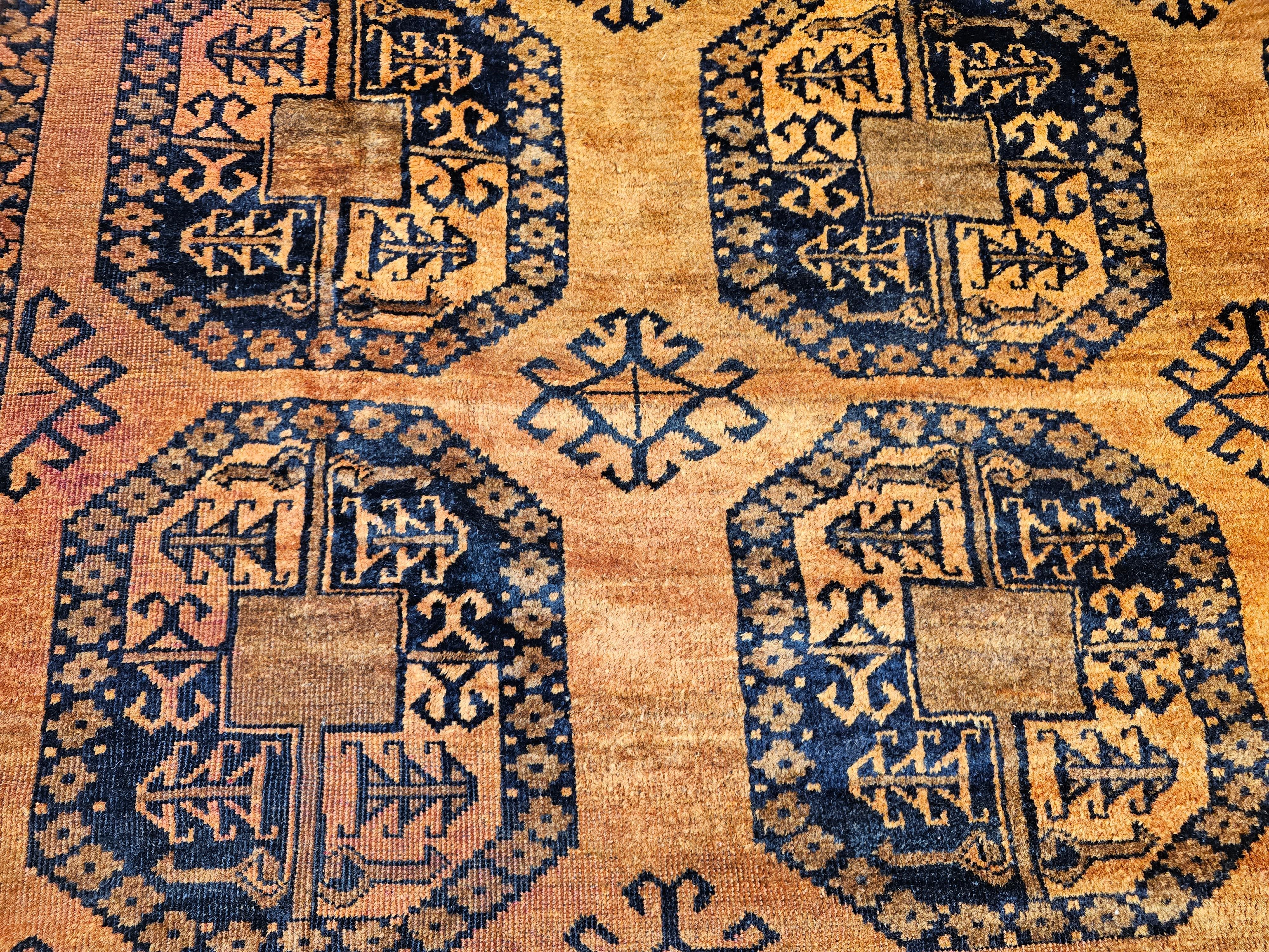 Wool Vintage Afghan Ersari Room Size Rug in Geometric Gul Pattern in Camel Hair, Navy For Sale