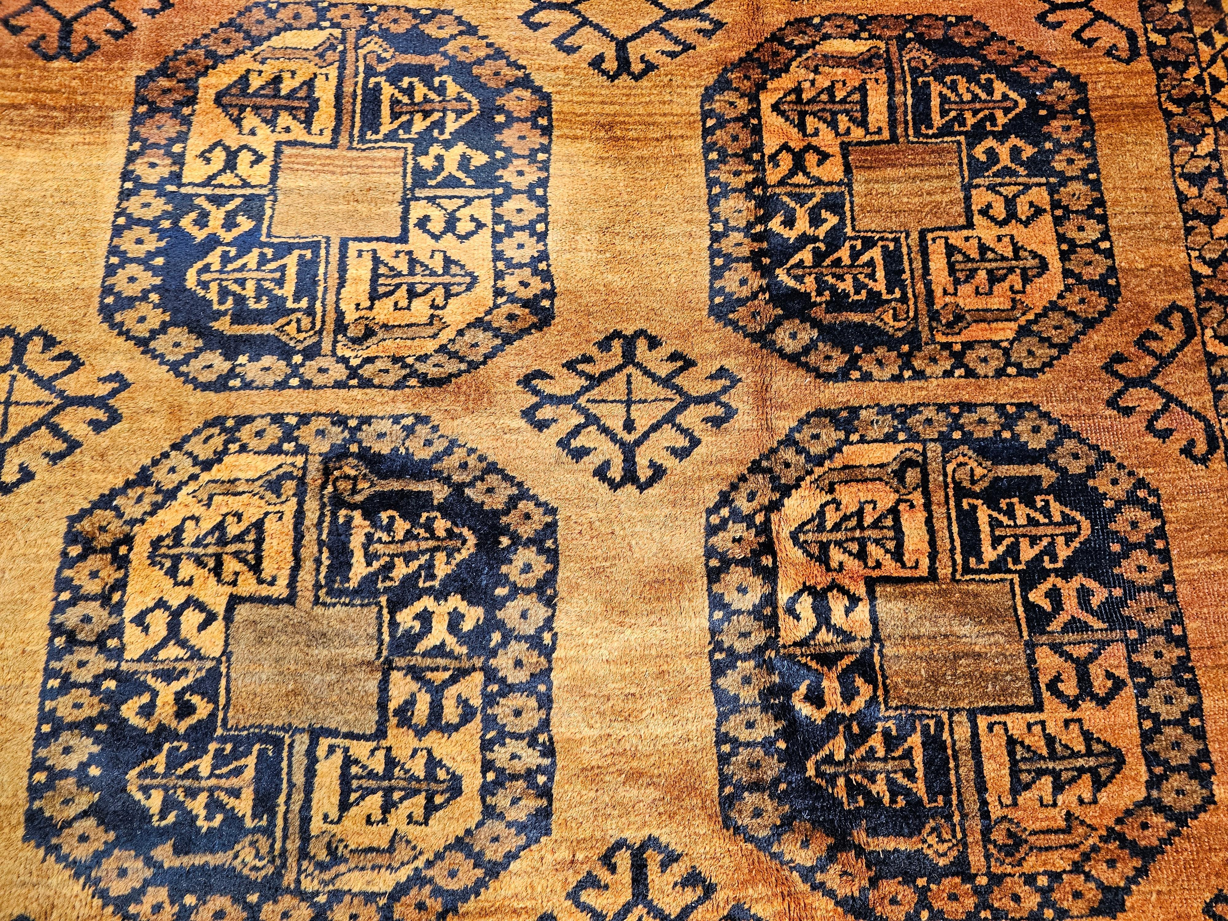 Vintage Afghan Ersari Room Size Rug in Geometric Gul Pattern in Camel Hair, Navy For Sale 1
