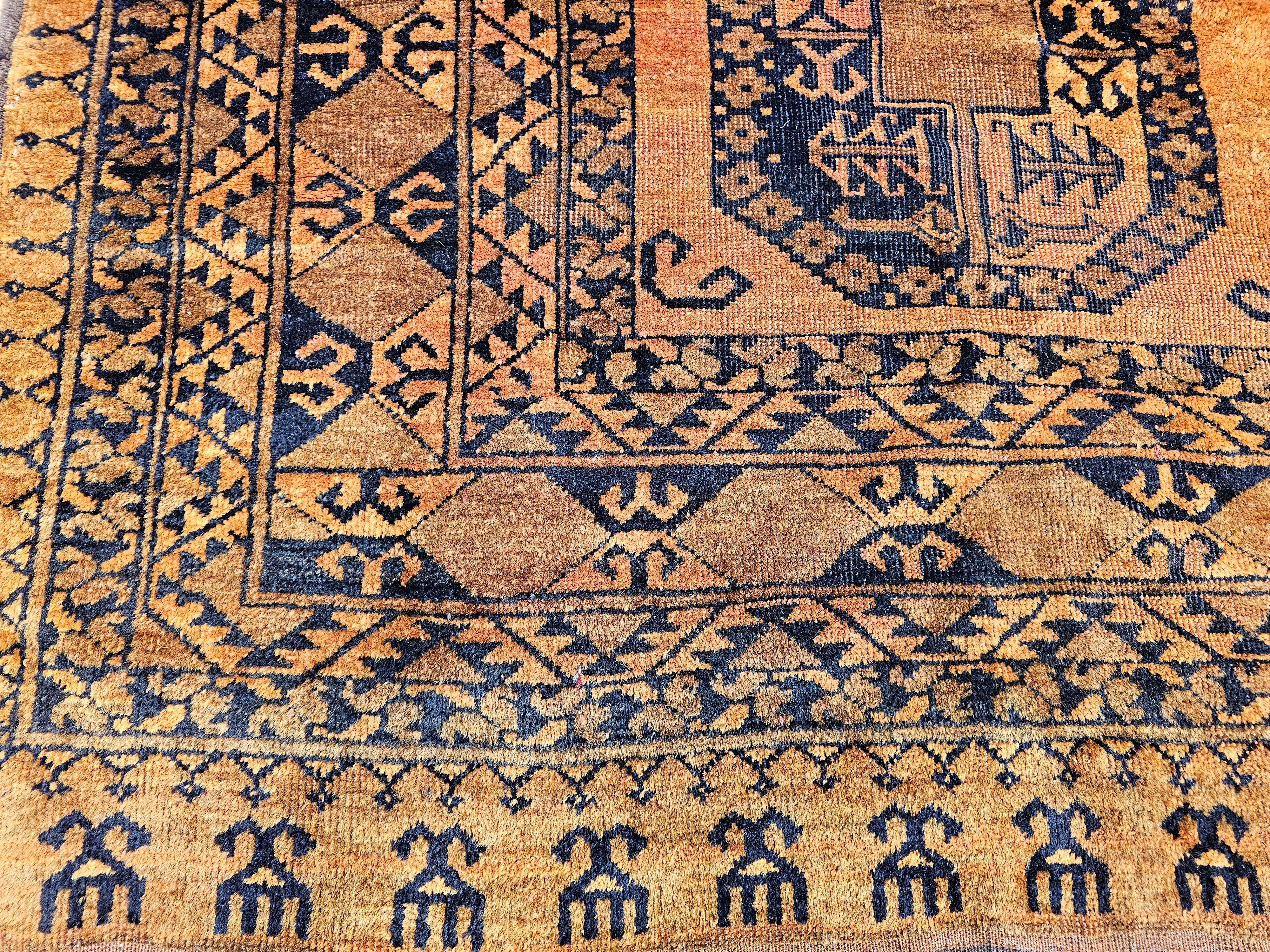 Vintage Afghan Ersari Room Size Rug in Geometric Gul Pattern in Camel Hair, Navy For Sale 3