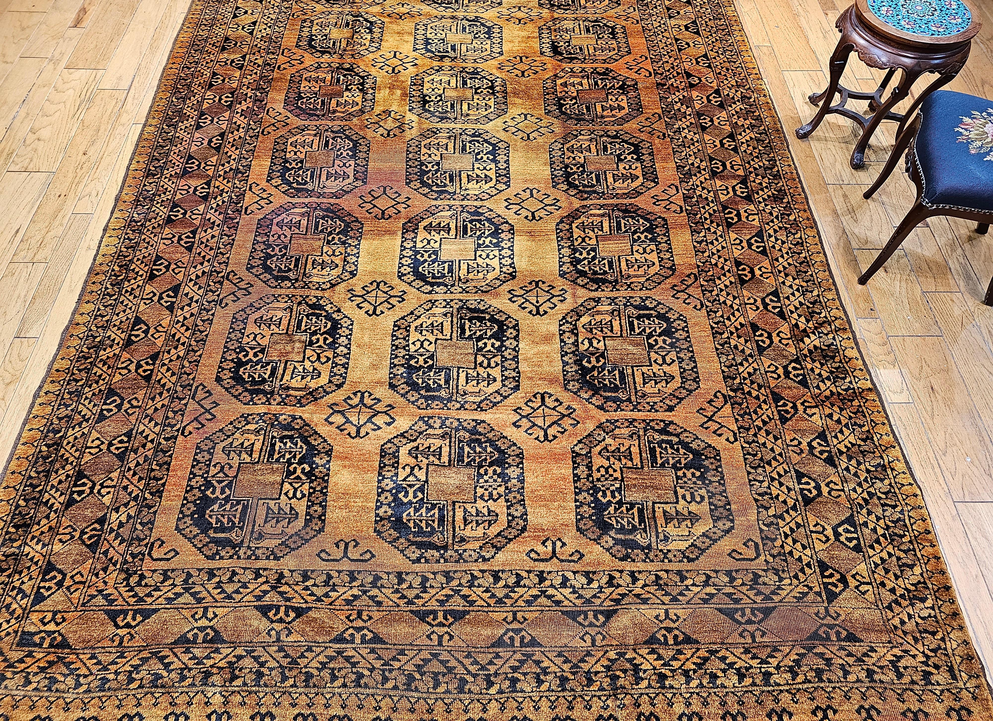 Vintage Afghan Ersari Room Size Rug in Geometric Gul Pattern in Camel Hair, Navy For Sale 7