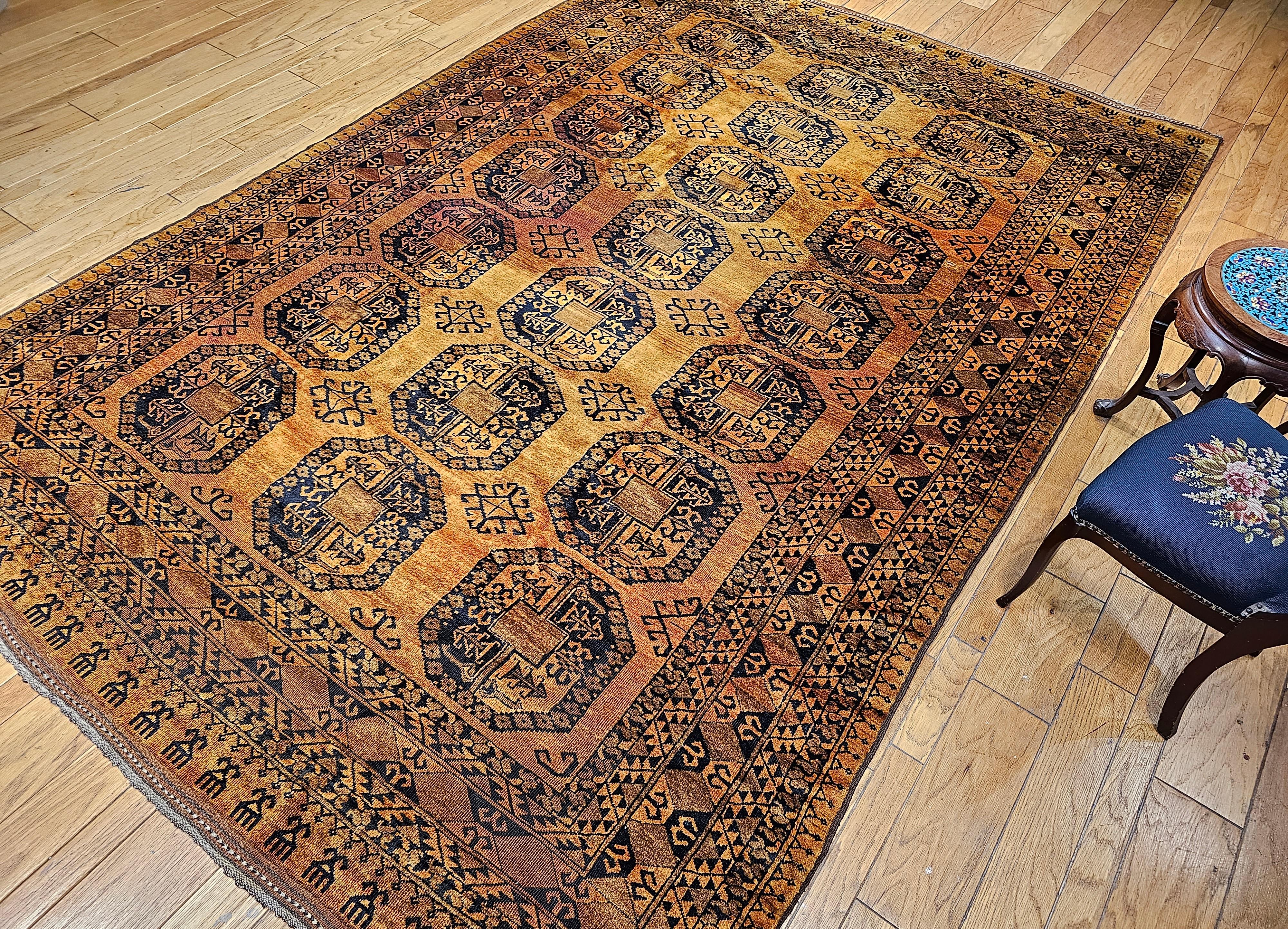 Vintage Afghan Ersari Room Size Rug in Geometric Gul Pattern in Camel Hair, Navy For Sale 8