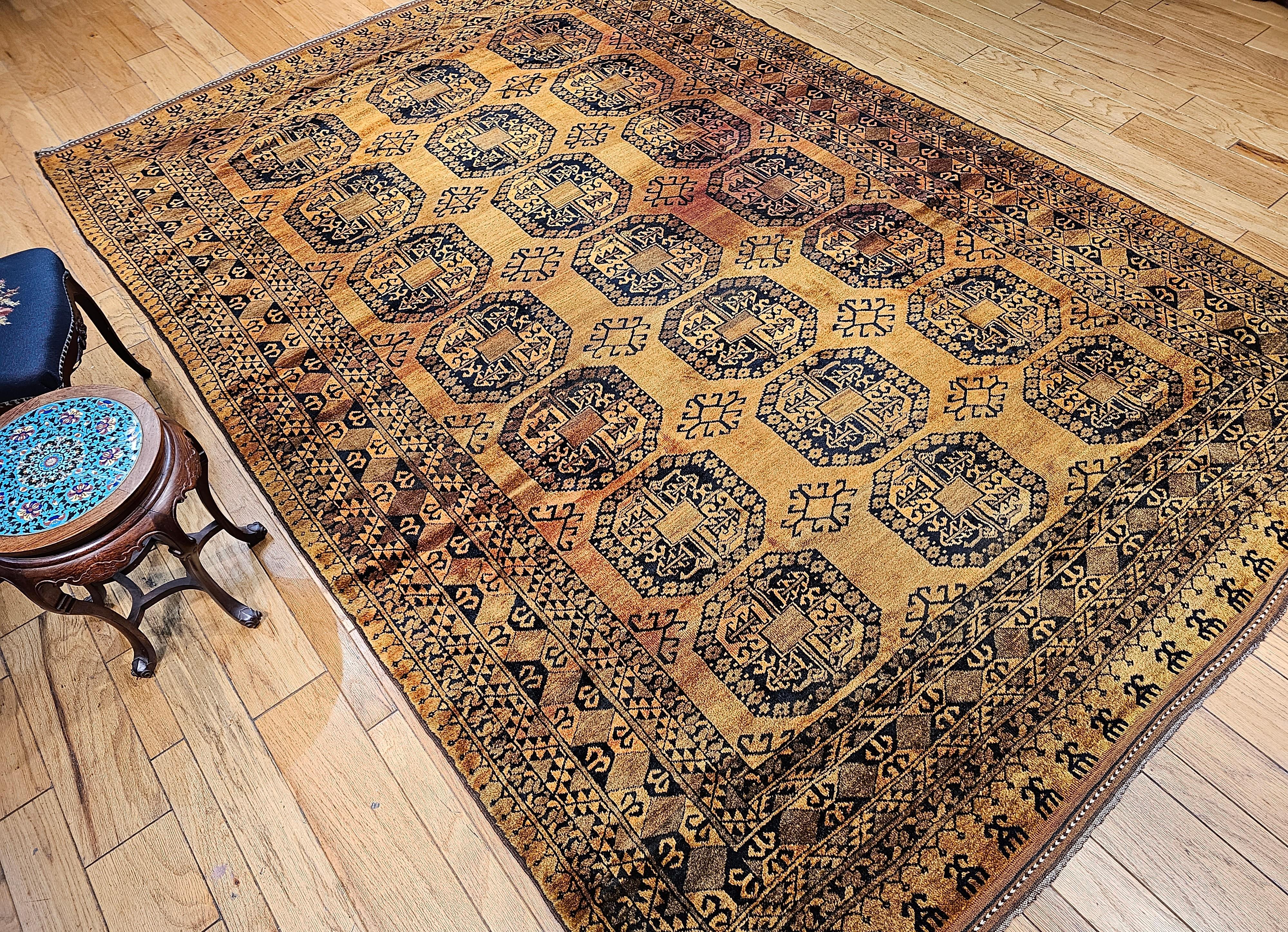 Vintage Afghan Ersari Room Size Rug in Geometric Gul Pattern in Camel Hair, Navy For Sale 10