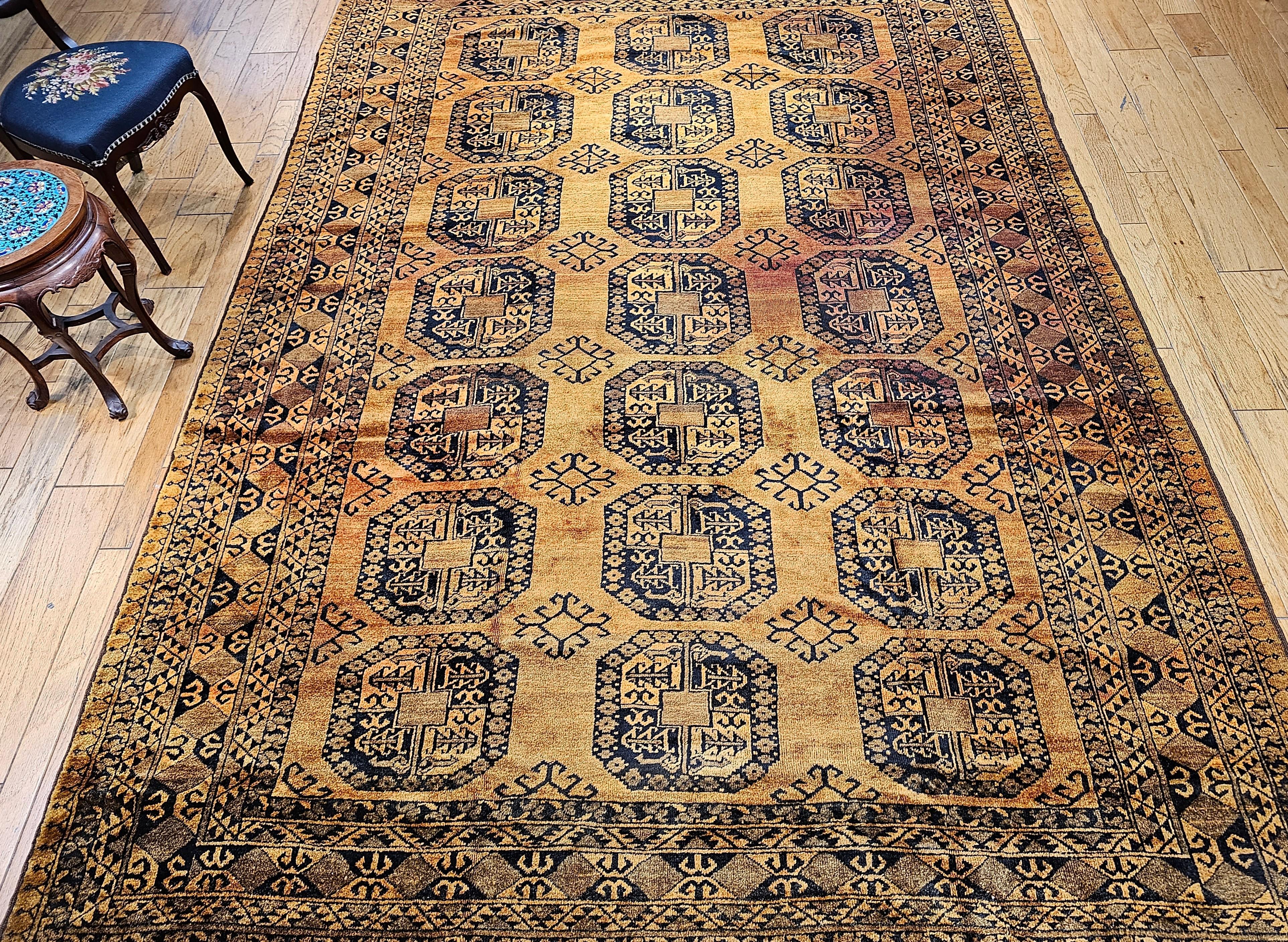 Vintage Afghan Ersari Room Size Rug in Geometric Gul Pattern in Camel Hair, Navy For Sale 11