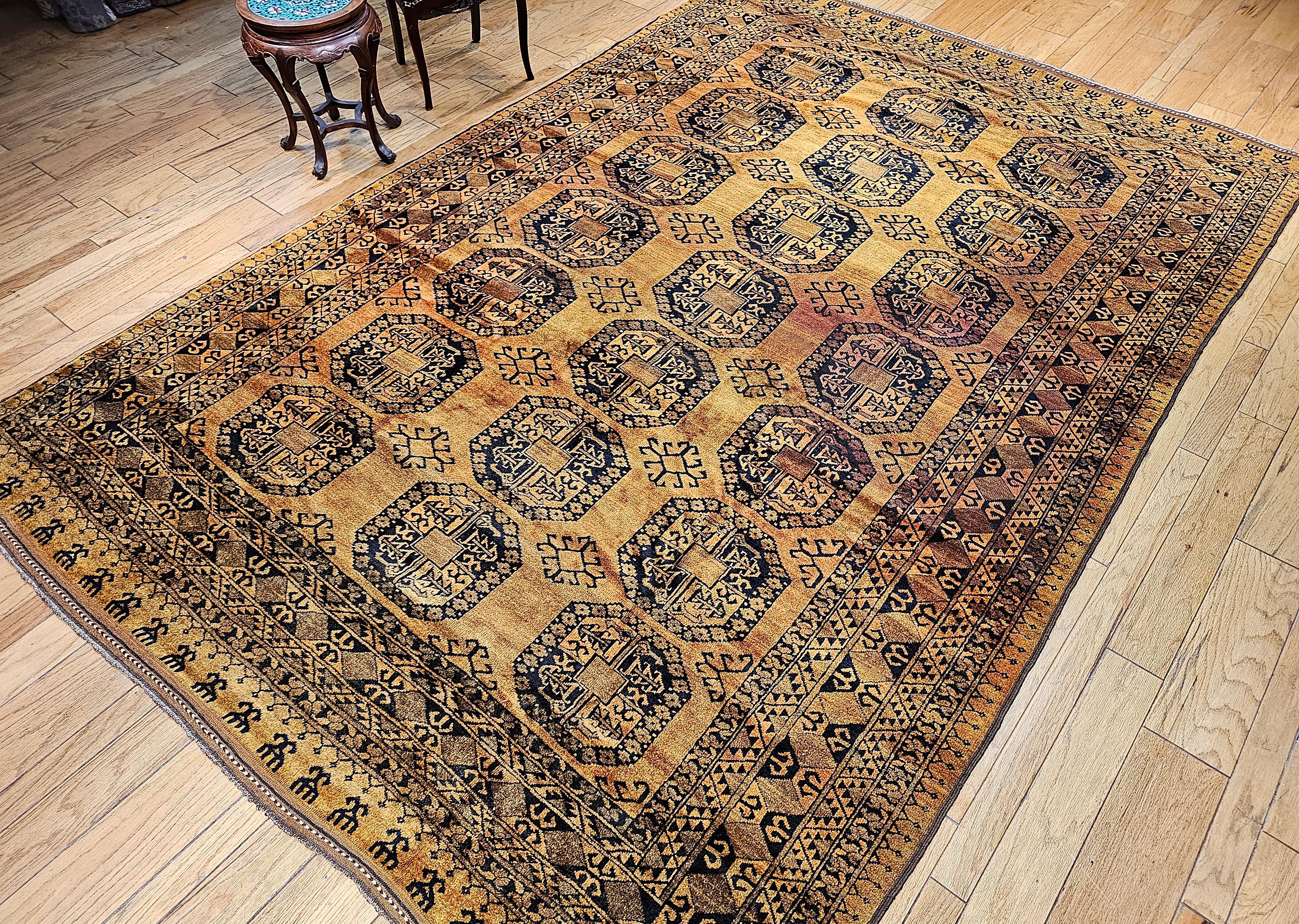 Vintage Afghan Ersari Room Size Rug in Geometric Gul Pattern in Camel Hair, Navy For Sale 12