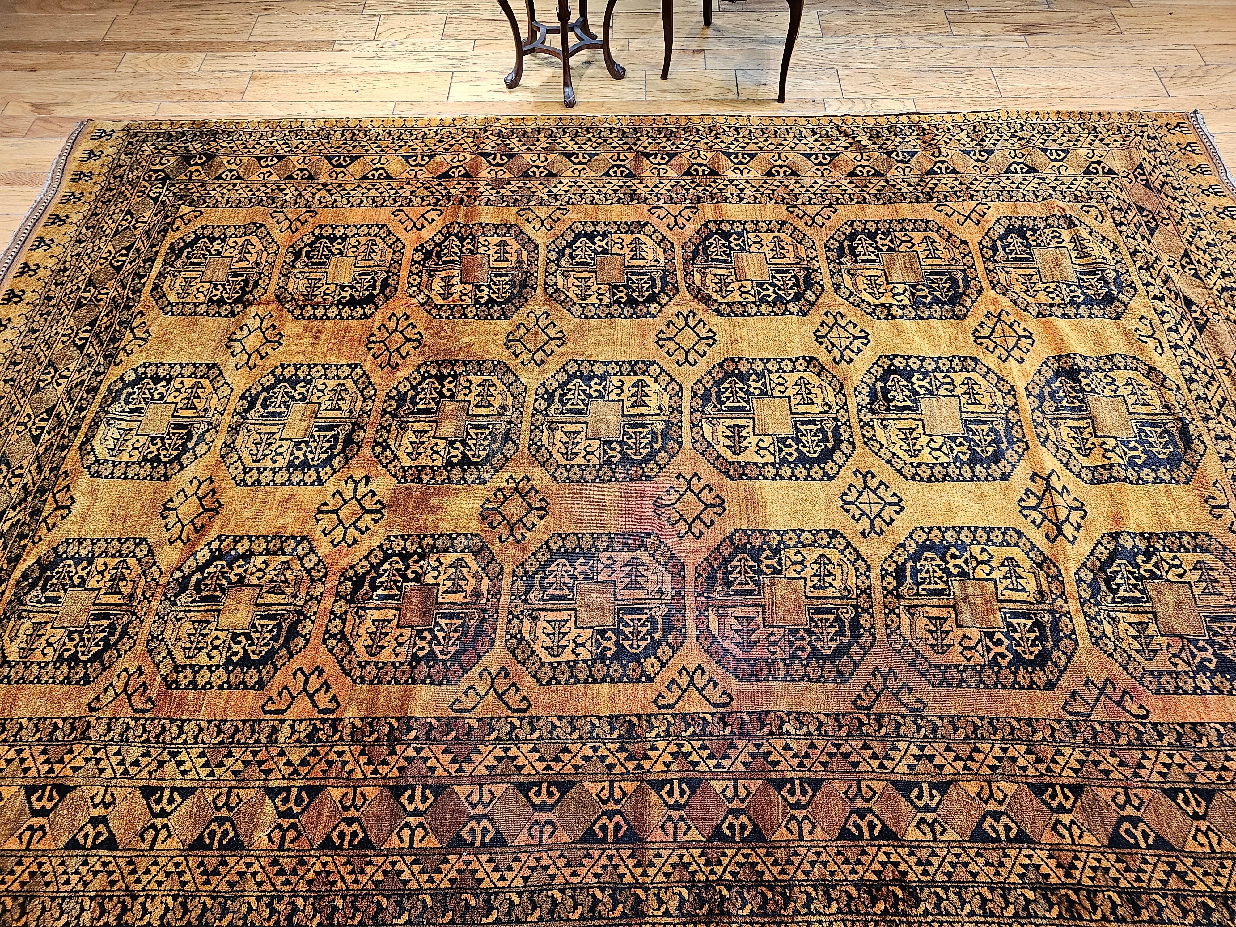 Vintage Afghan Ersari Room Size Rug in Geometric Gul Pattern in Camel Hair, Navy For Sale 9