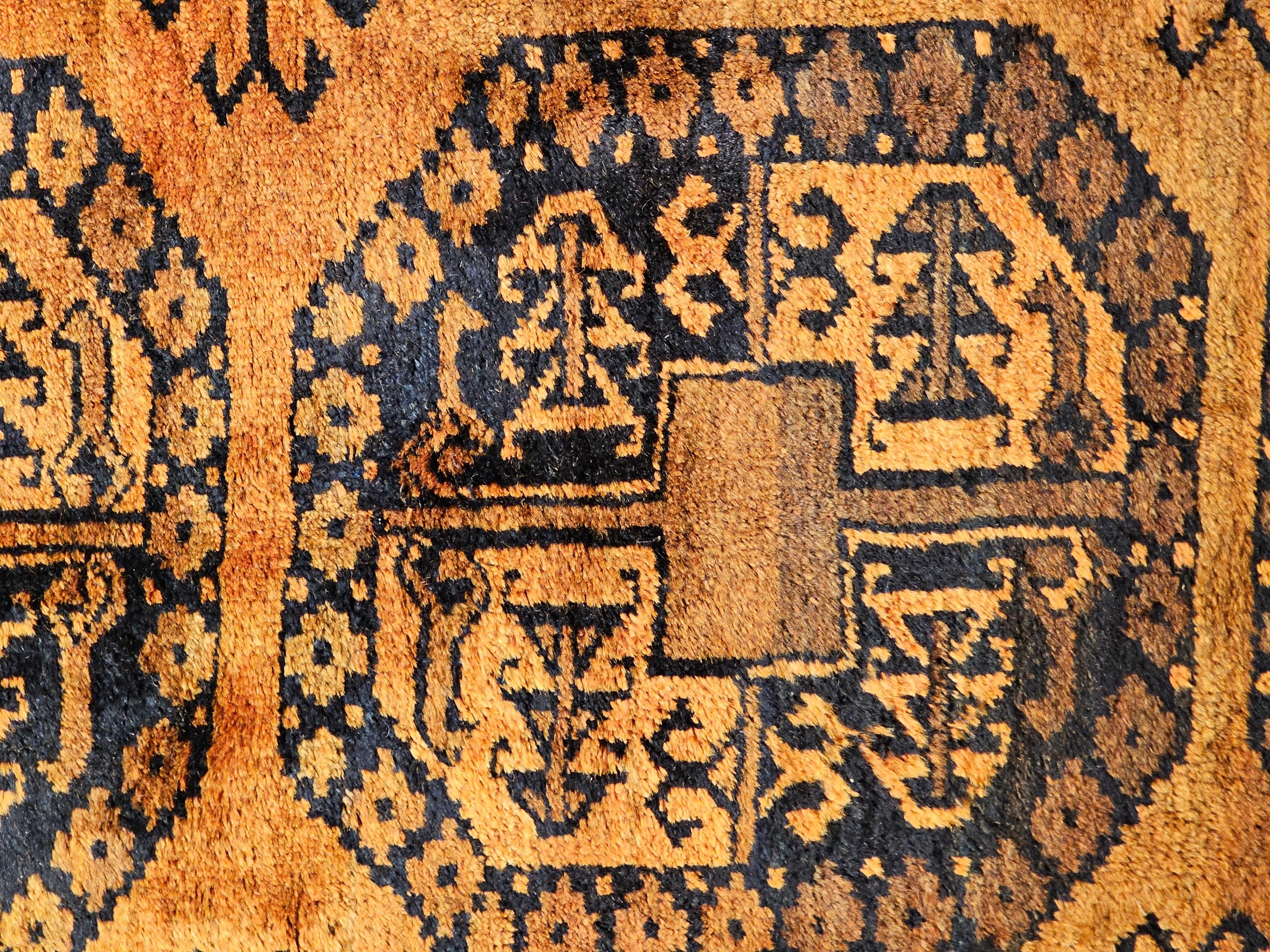 Vintage Afghan Ersari Room Size Rug in Geometric Gul Pattern in Camel Hair, Navy For Sale 2