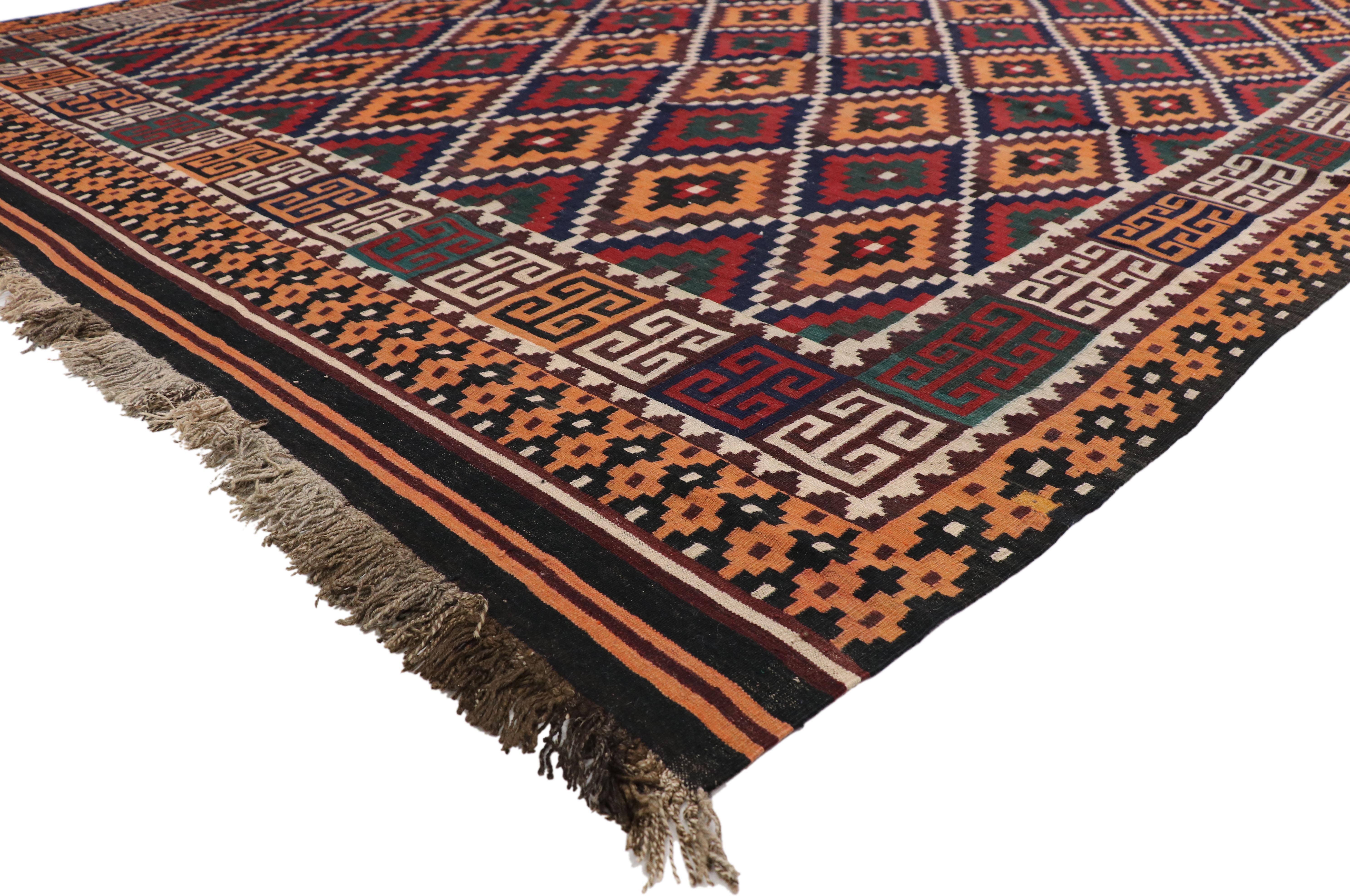 74277, vintage Afghan Ghalmouri Maimana Kilim rug with Nomadic tribal style. Highlighting nomadic charm and nomadic tribal vibes, this handwoven wool vintage Afghan Ghalmouri Maimana Kilim rug beautifully showcases Mid-Century Modern style. It