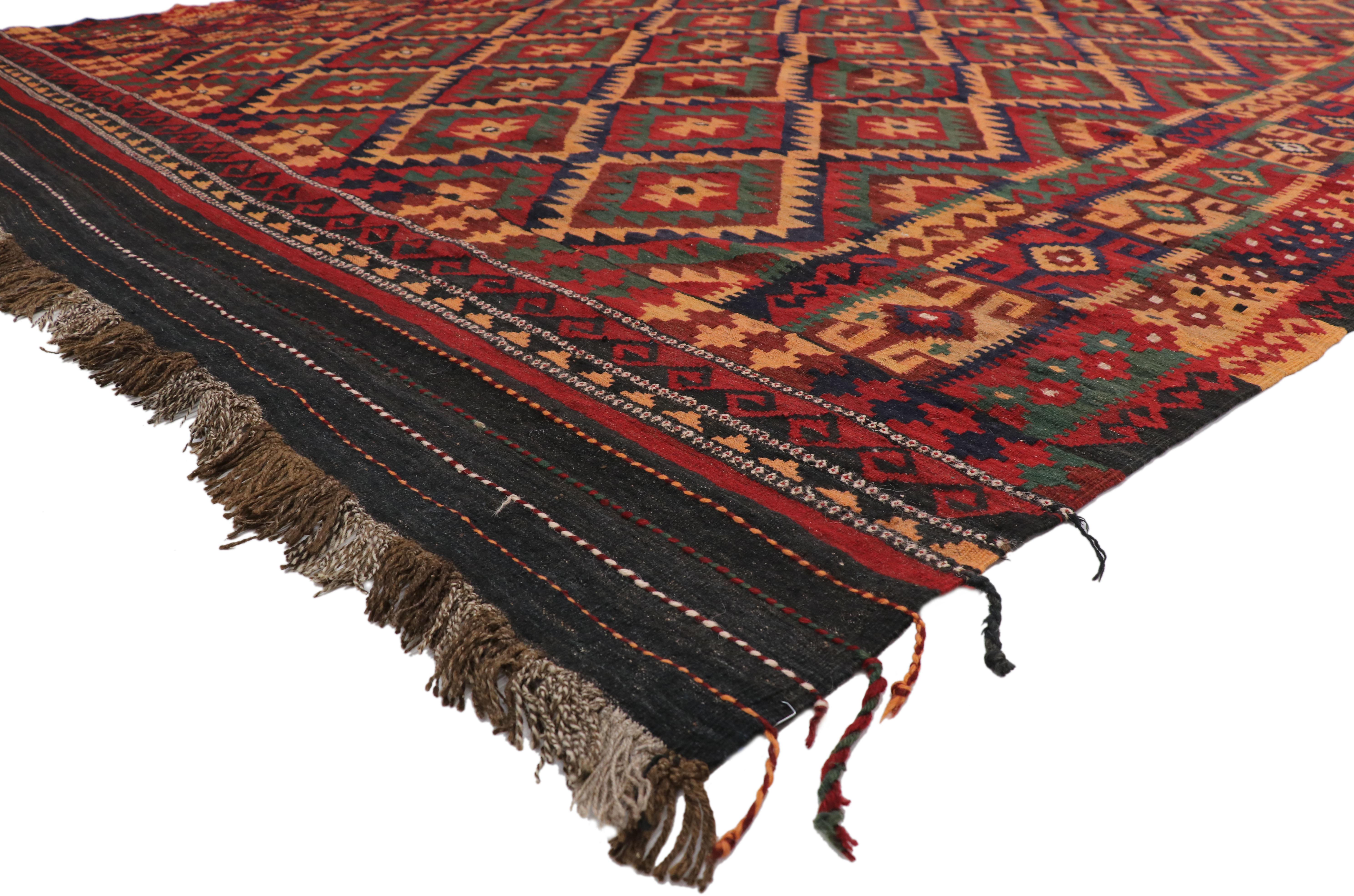 74279, vintage Afghan Ghalmouri Maimana Kilim rug with Nomadic Tribal style. 74279 vintage Afghan Ghalmouri Maimana Kilim rug with nomadic Tribal style. Highlighting nomadic charm and nomadic tribal vibes, this handwoven wool vintage Afghan