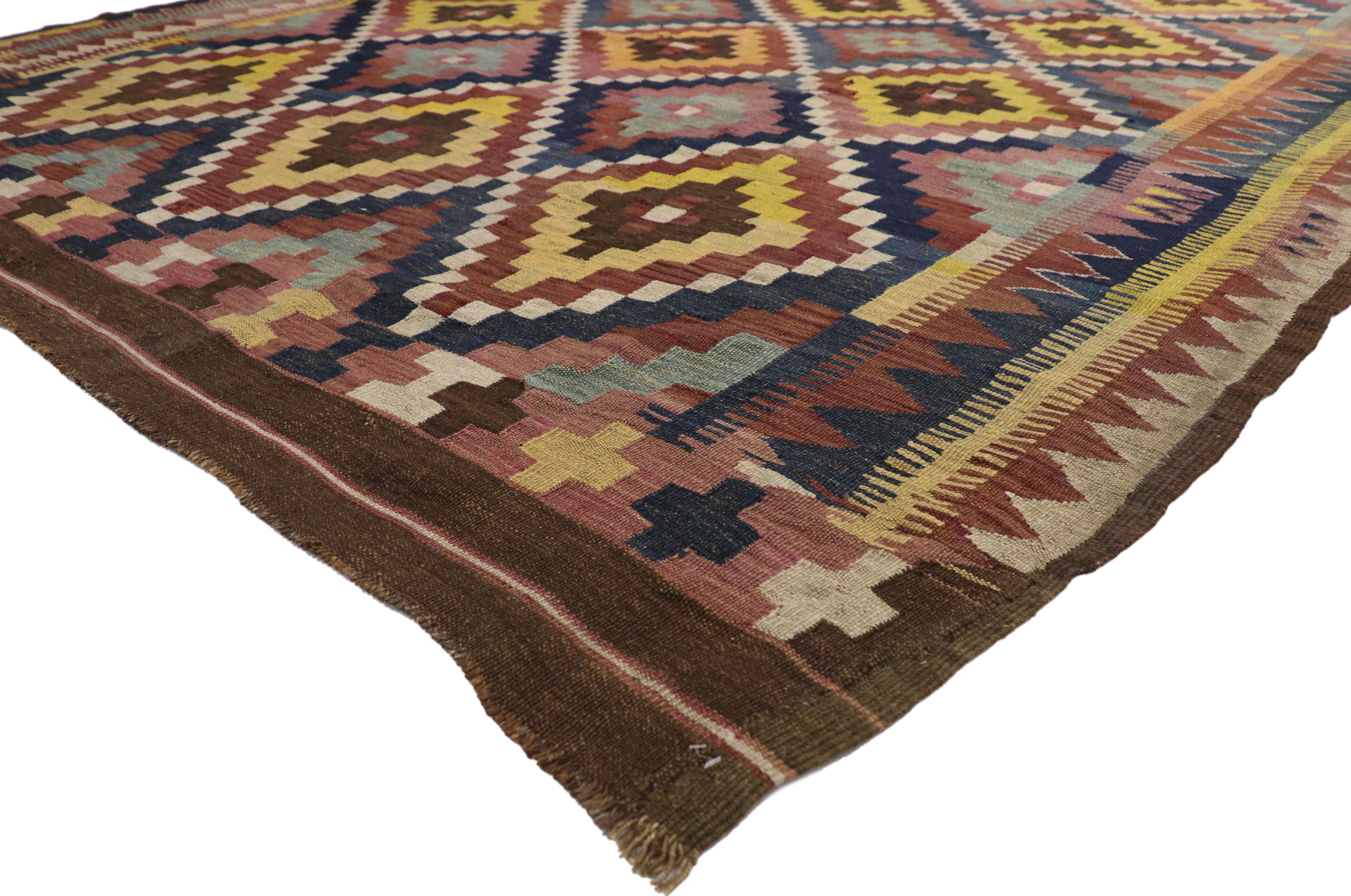 74692, vintage Afghan Ghalmouri Maimana Kilim rug with Nomadic Tribal style. Highlighting Primitive charm and nomadic tribal vibes, this handwoven wool vintage Afghan Ghalmouri Maimana Kilim rug beautifully showcases Mid-Century Modern style. It