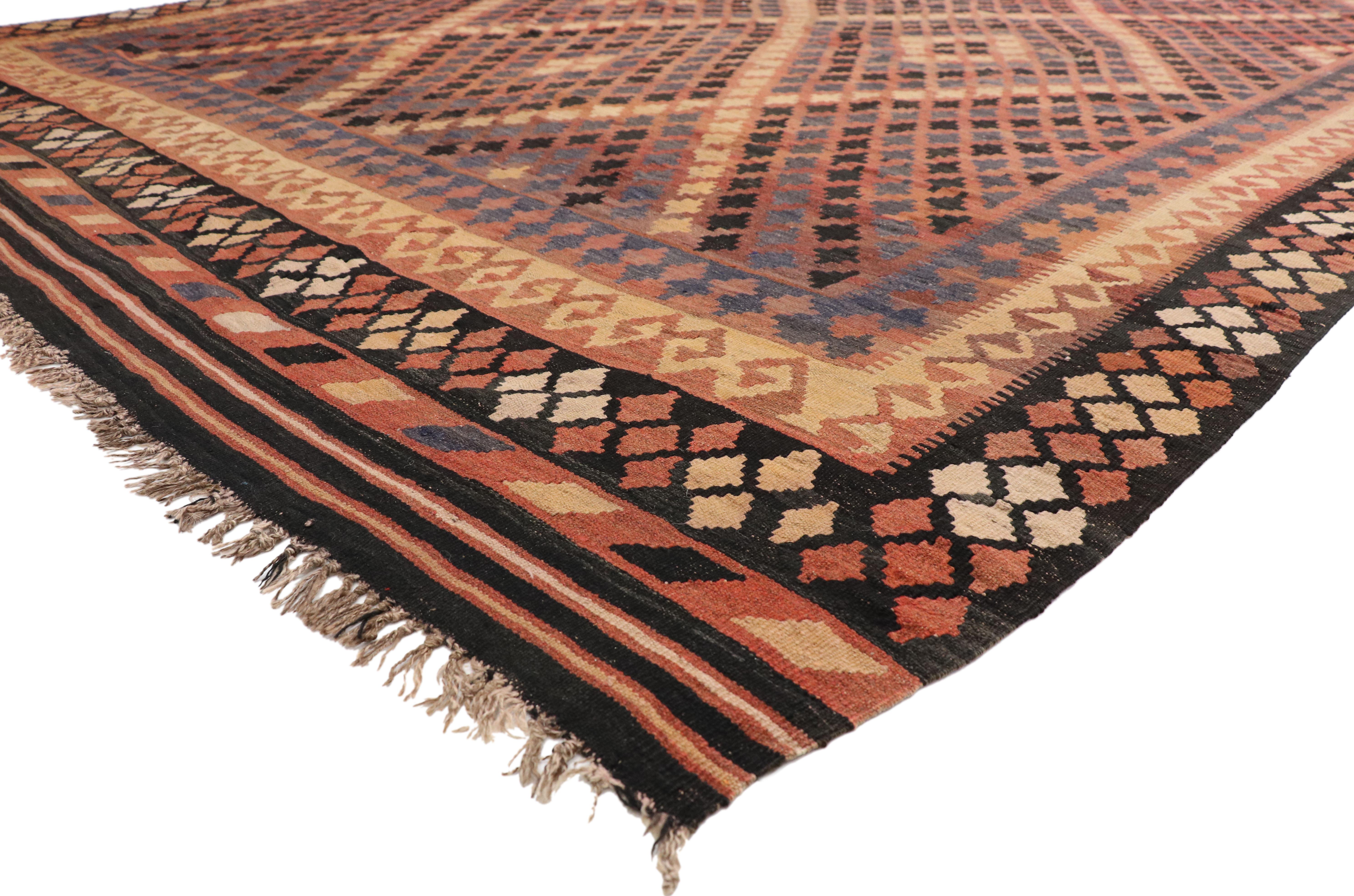 72258 Vintage Afghan Ghalmouri Maimana Kilim Rug with Nomadic Tribal Style 09'06 x 14'04. Highlighting nomadic charm and tribal vibes, this hand-woven wool vintage Afghan Ghalmouri Maimana Kilim rug beautifully showcases Mid-Century modern style. It