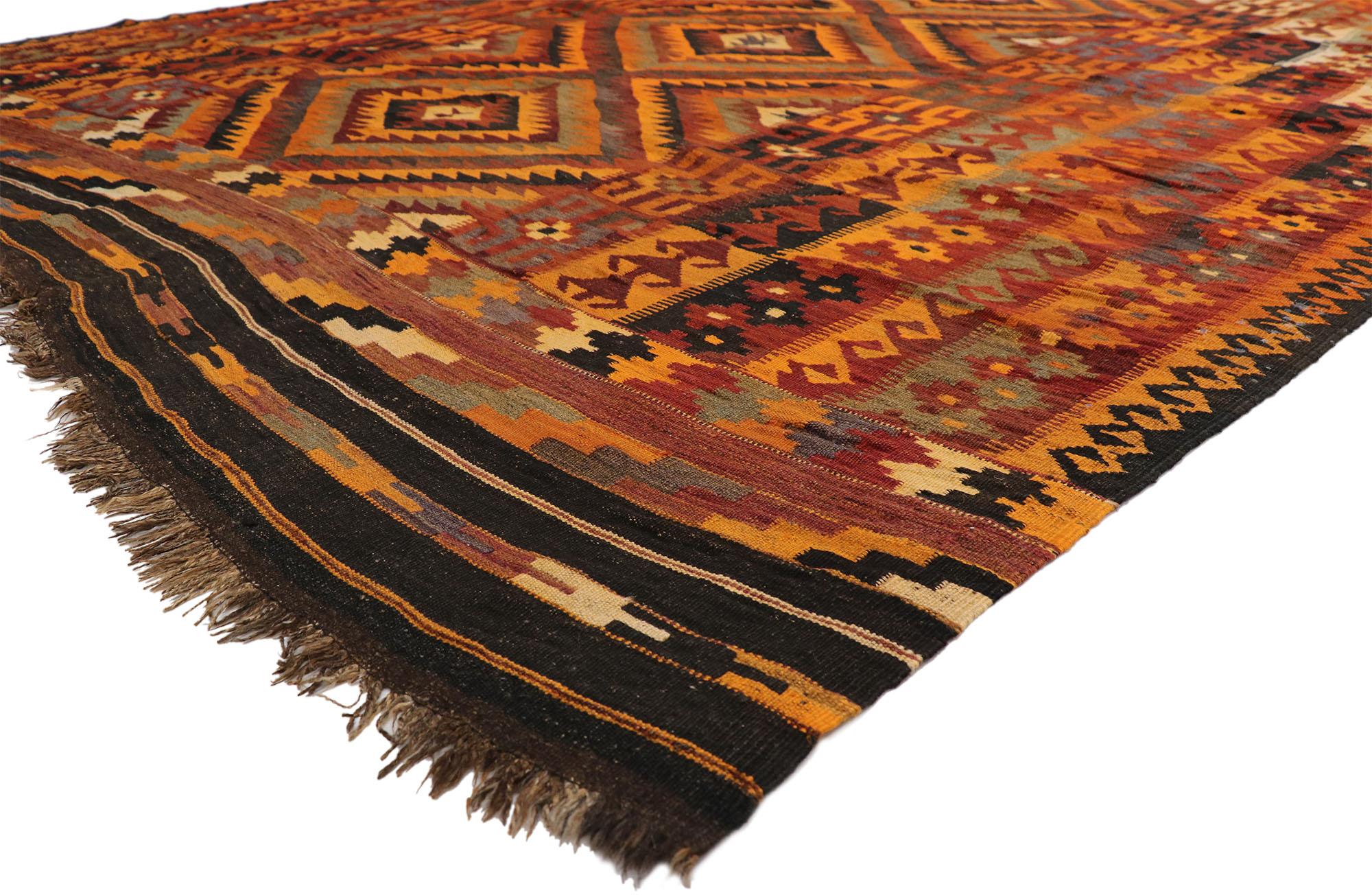 72767, vintage Afghan Ghalmouri Maimana Kilim rug with Nomadic Tribal style. Boasting a stunning tribal design and modern style with rustic sensibility, this hand-woven wool vintage Afghan Kilim rug is poised to impress. The abrashed field features
