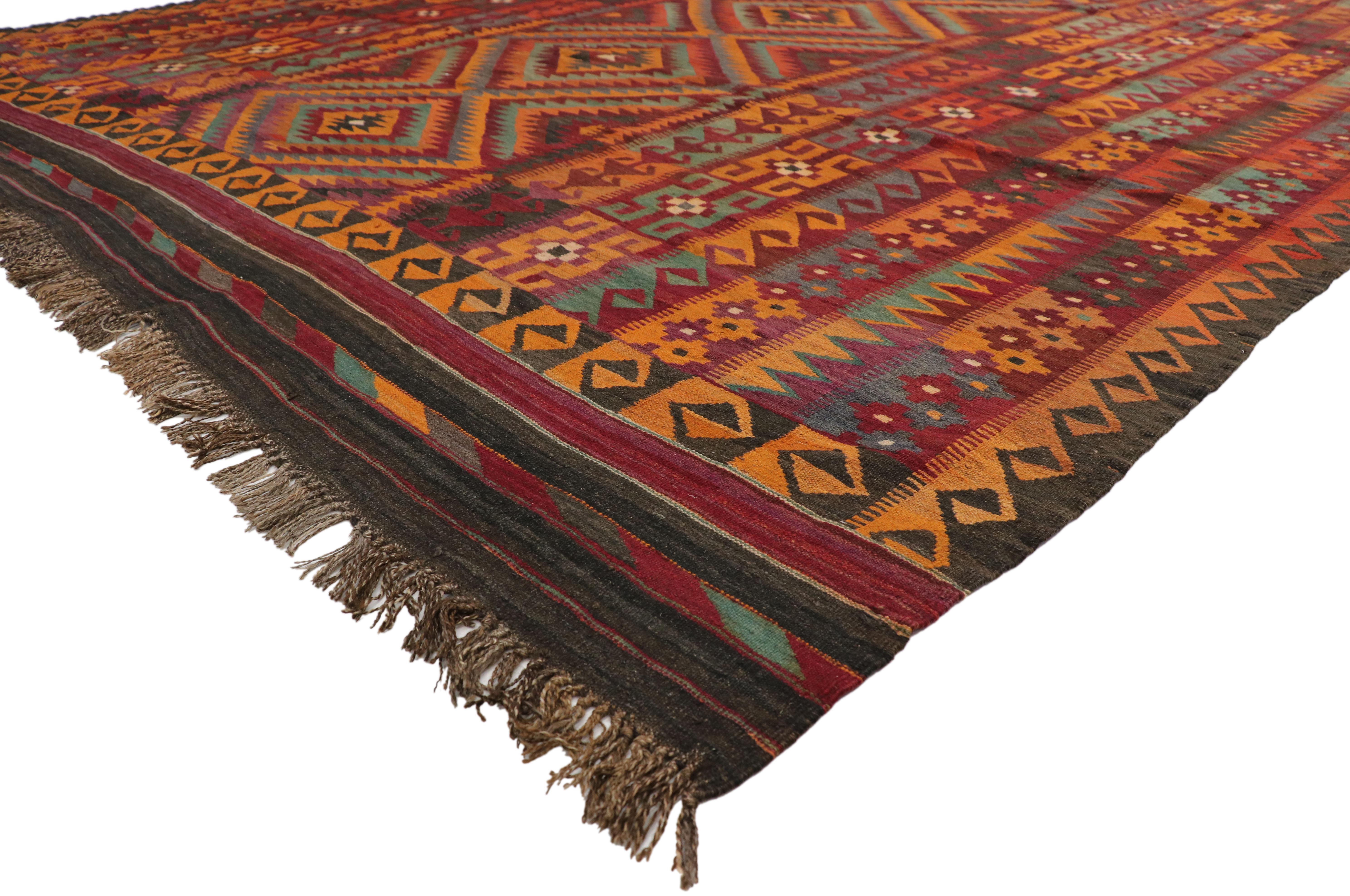 74281, vintage Afghan Ghalmouri Maimana Kilim rug with Nomadic Tribal style. Boasting a stunning tribal design and modern style, this vintage Afghan Kilim rug shows its age beautifully. From variegated shades of red, orange, slate, blue-gray, mint,