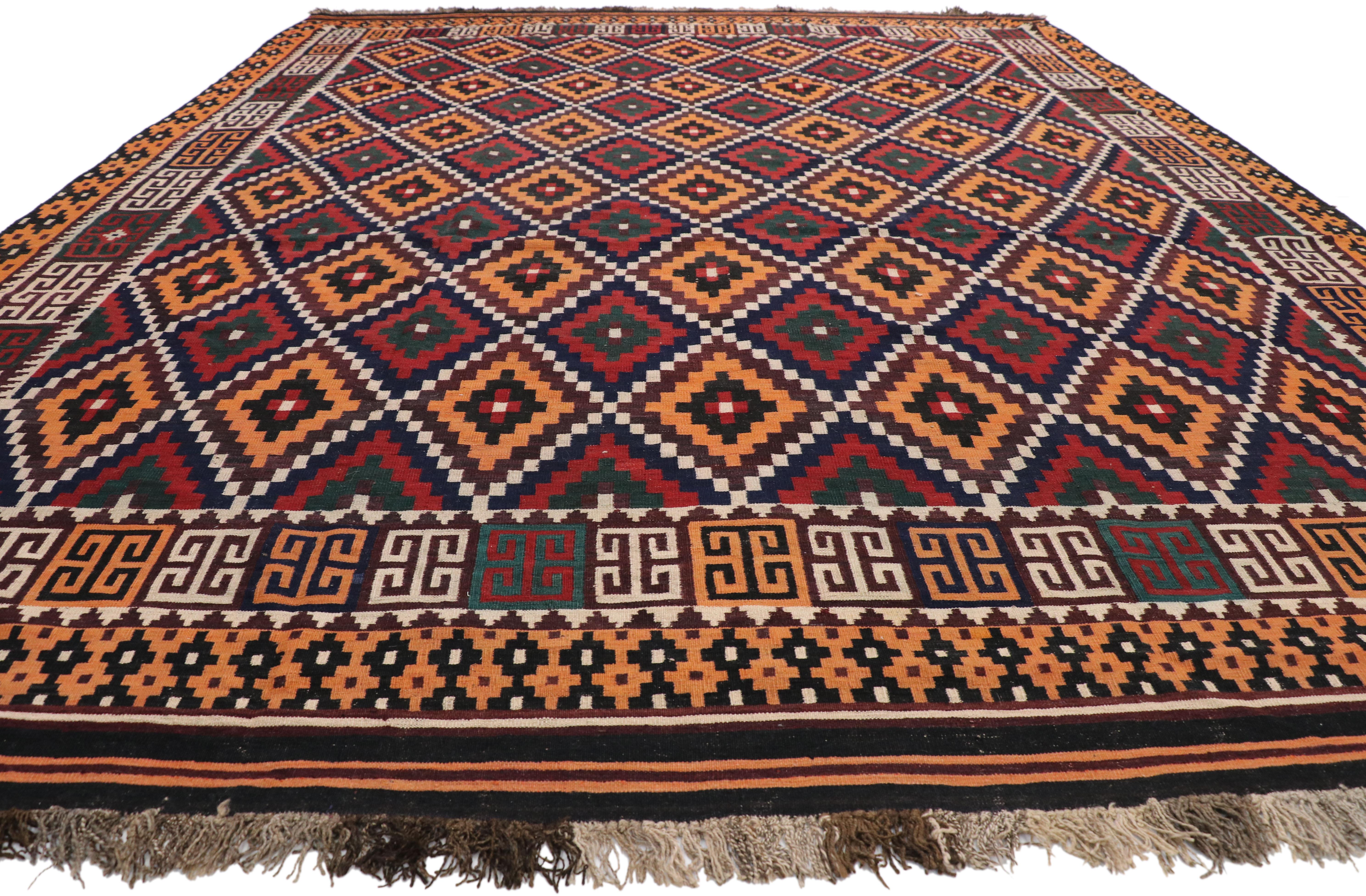 Mid-Century Modern Vintage Afghan Ghalmouri Maimana Kilim Rug, Nomadic Charm Meets Tribal Allure For Sale
