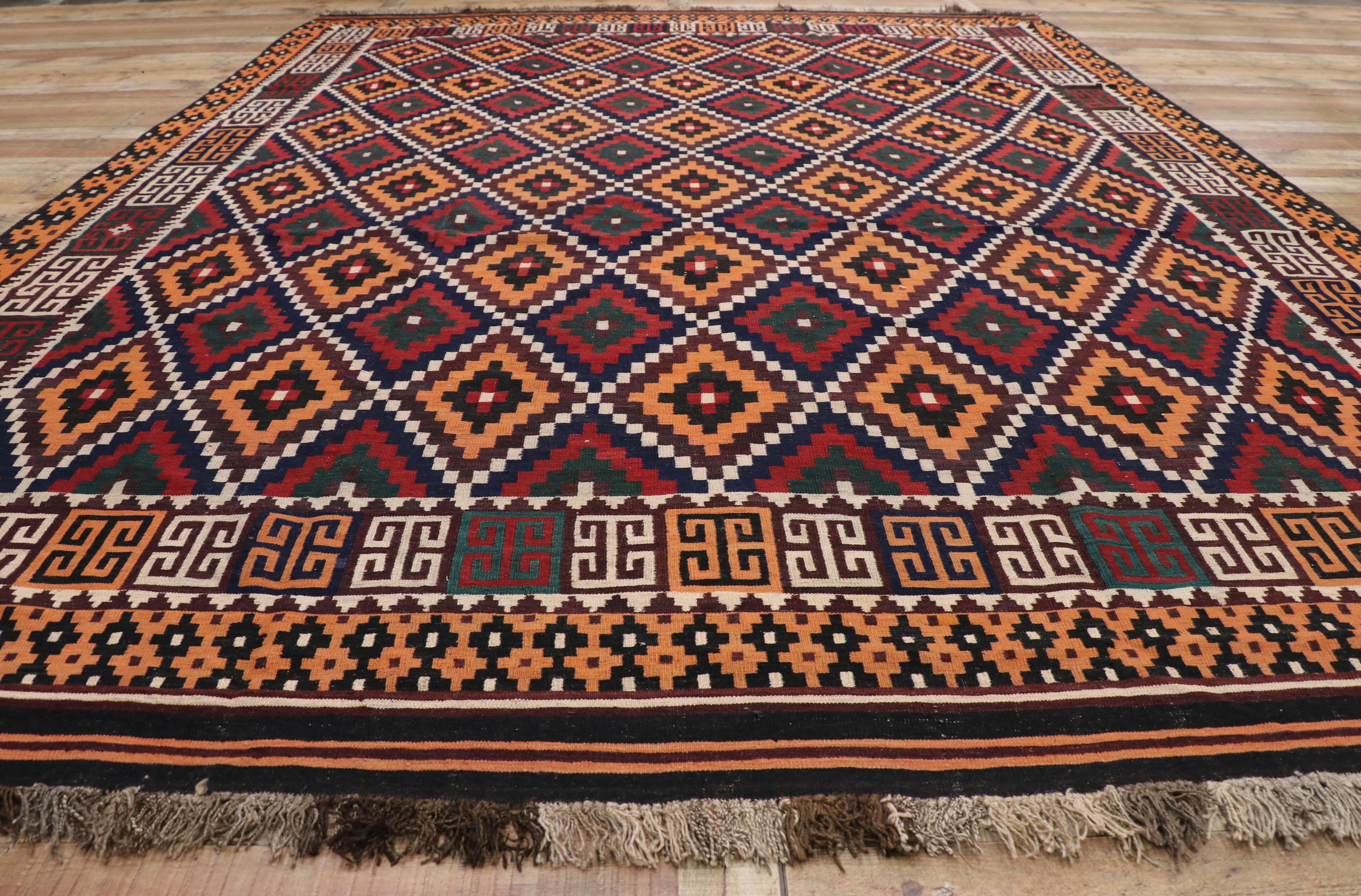 Wool Vintage Afghan Ghalmouri Maimana Kilim Rug, Nomadic Charm Meets Tribal Allure For Sale