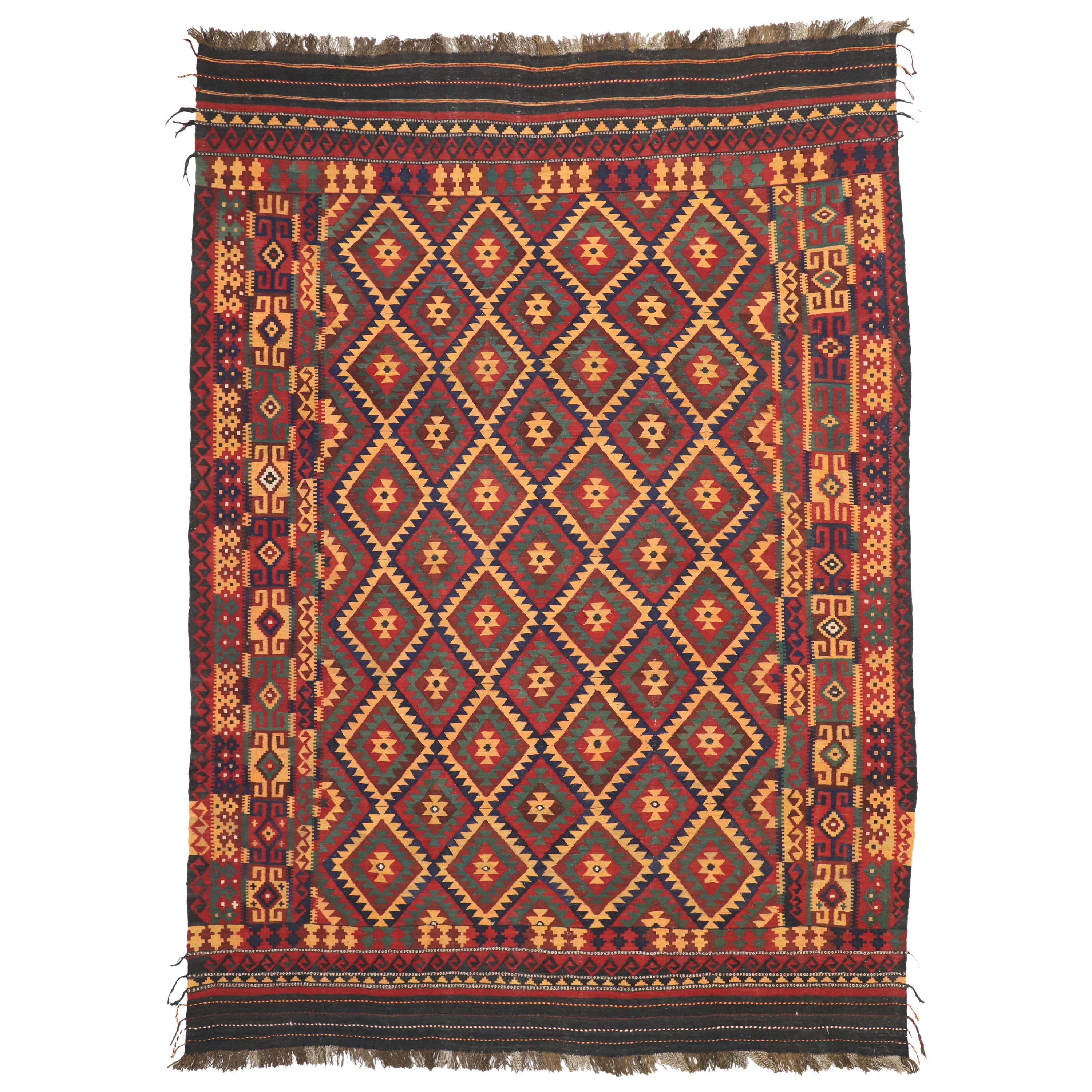 Vintage Afghan Ghalmouri Maimana Kilim Rug with Nomadic Tribal Style