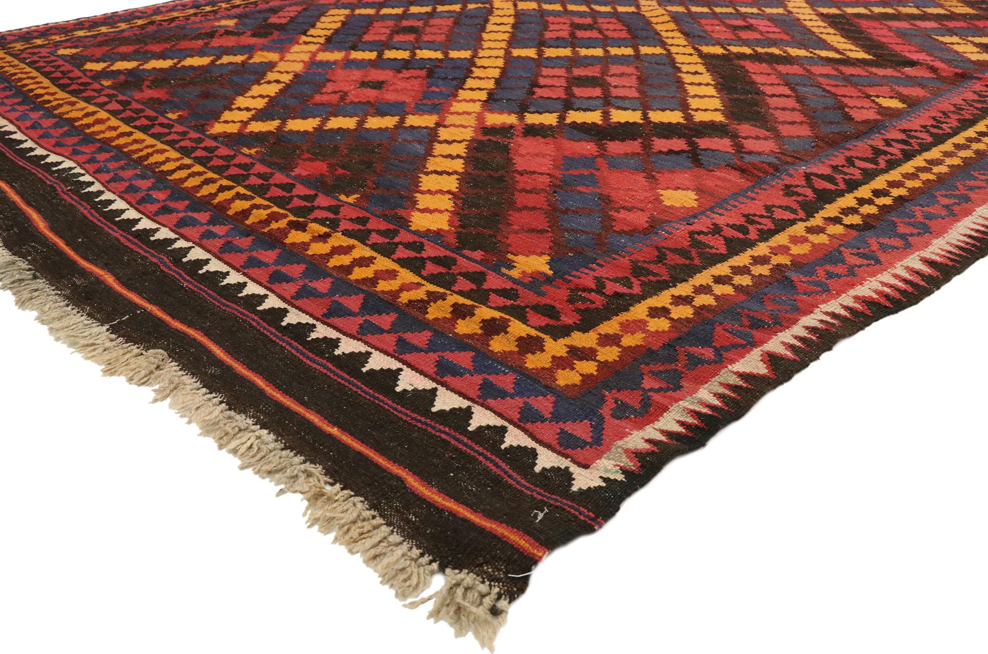 72255, vintage Afghan Ghalmouri Maimana Kilim rug with Pacific Northwest Tribal style. Down-to-earth vibes and rustic sensibility meet Modern Pacific Northwest Tribal style in this handwoven wool vintage Afghan Ghalmouri Maimana Kilim rug. The