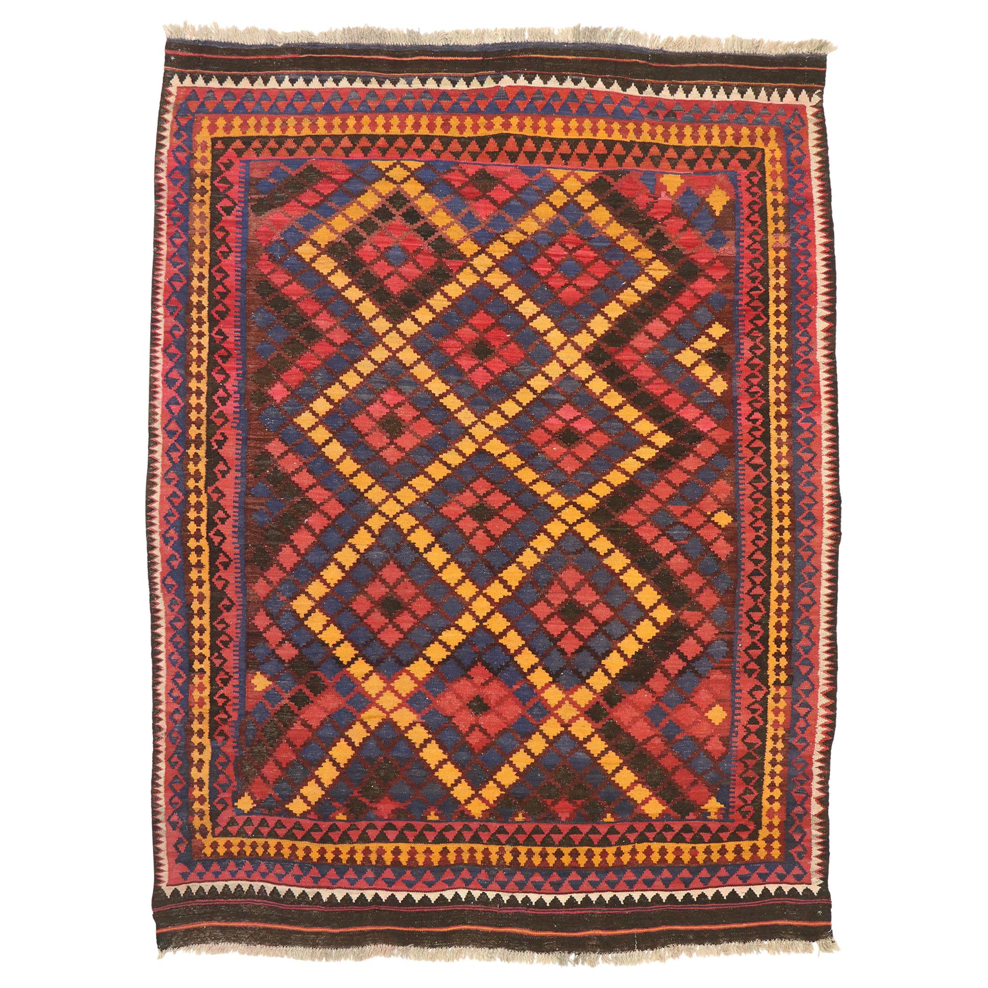 Vintage Afghan Ghalmouri Maimana Kilim Rug with Pacific Northwest Tribal Style