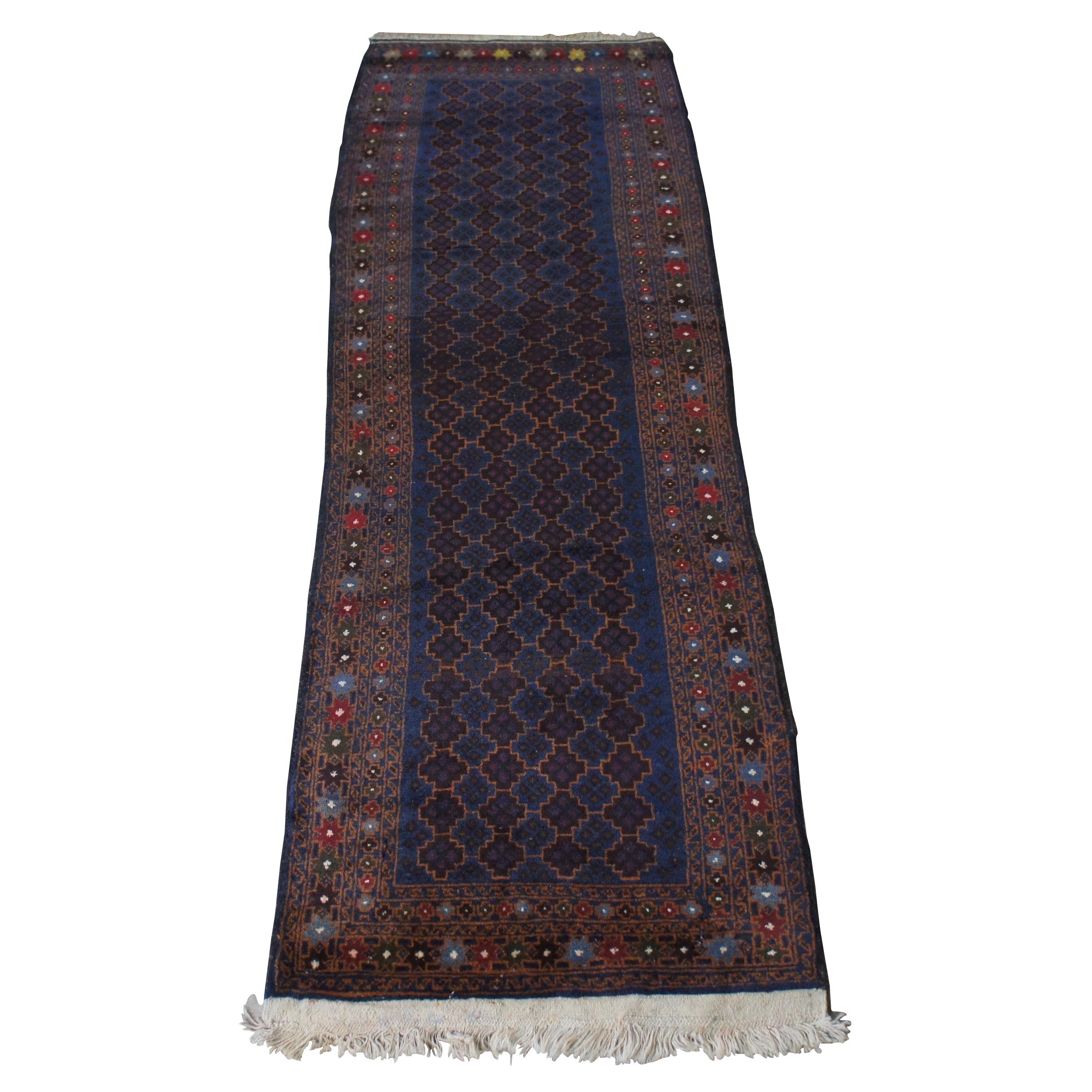Tapis de couloir vintage en laine afghane nomade à 8 étoiles géométriques