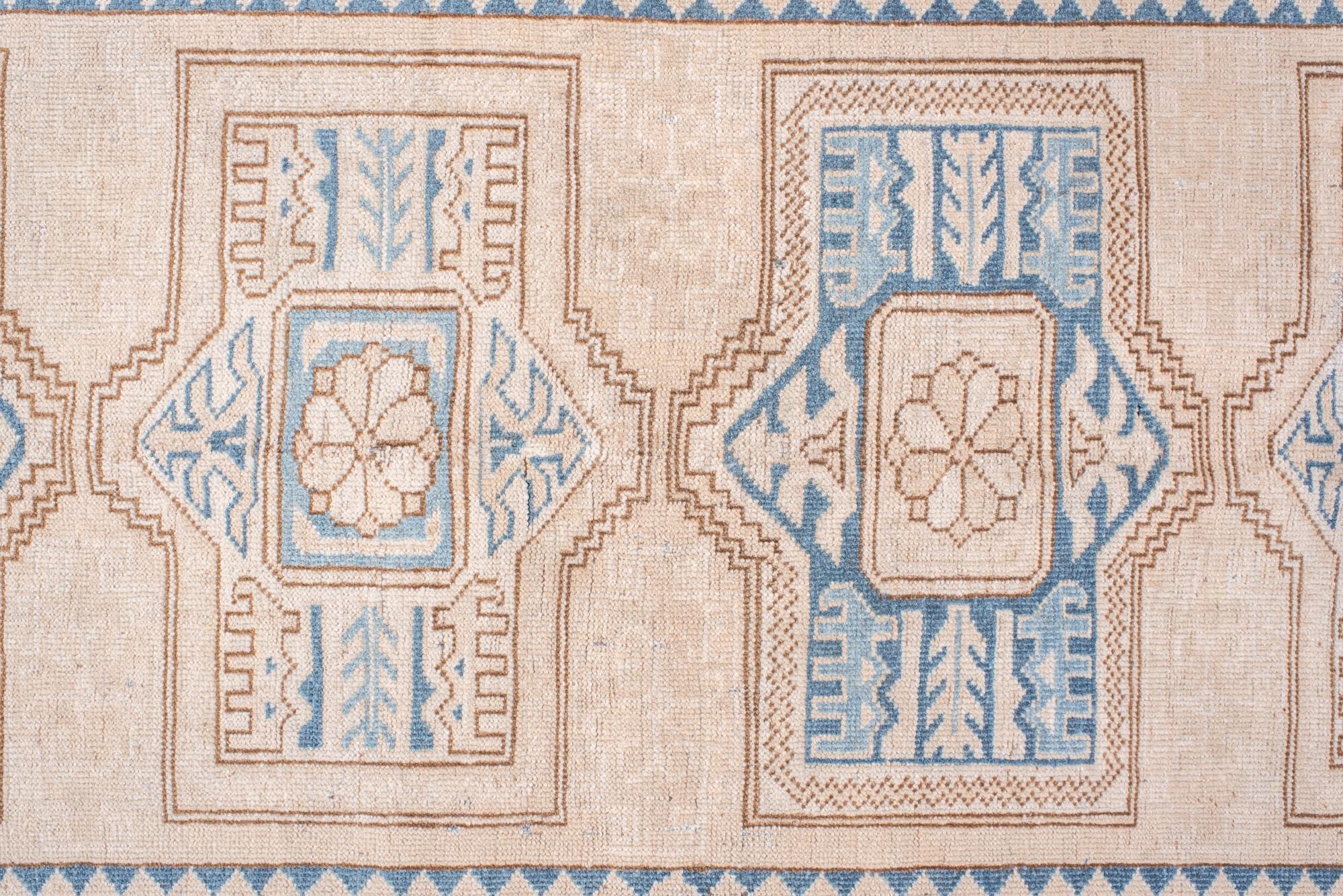 Vintage Afghan Kenare with Browns Blues and Creams In Good Condition For Sale In New York, NY