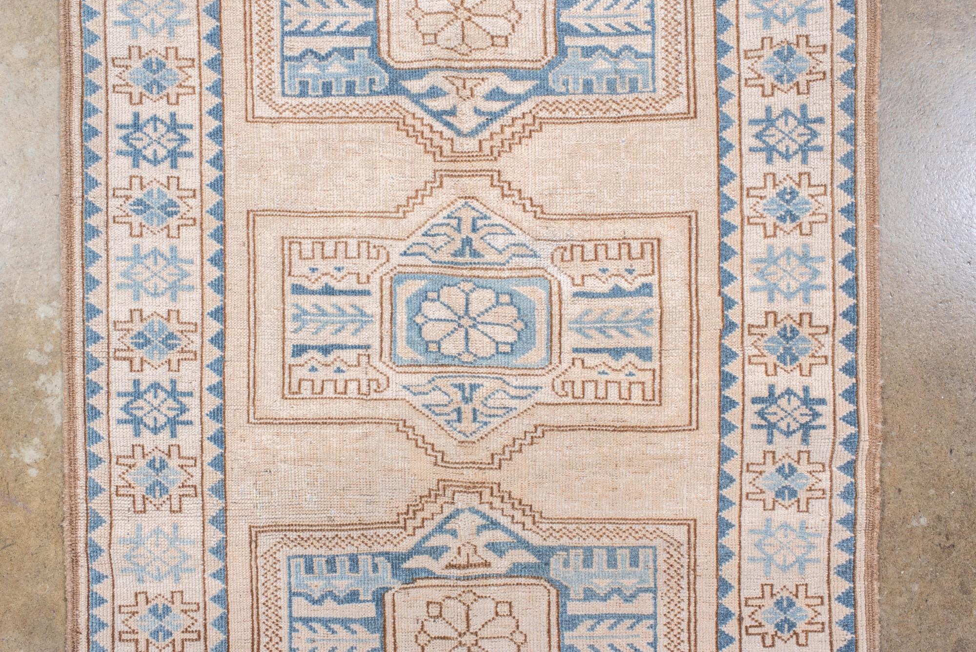 20th Century Vintage Afghan Kenare with Browns Blues and Creams For Sale