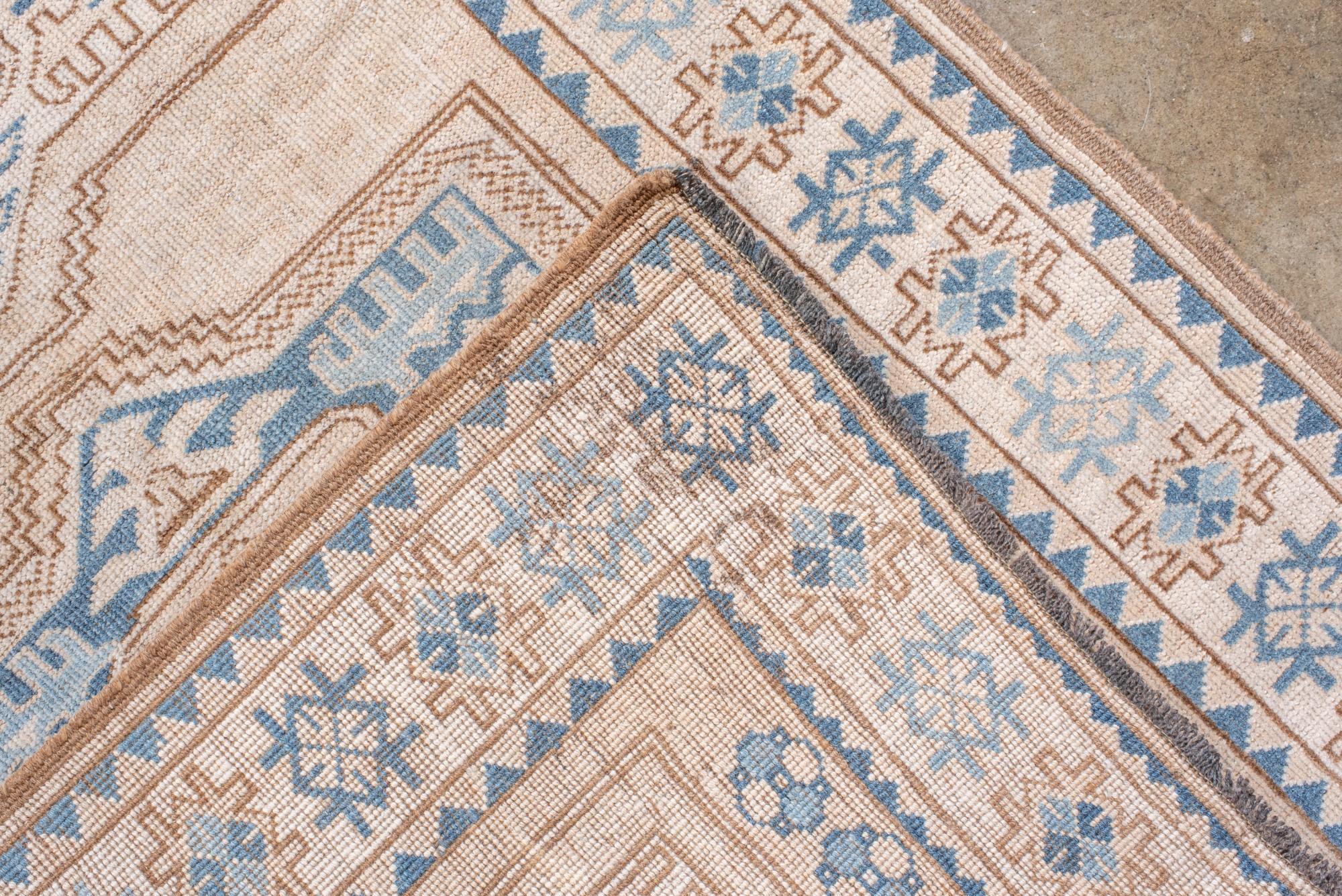 Wool Vintage Afghan Kenare with Browns Blues and Creams For Sale