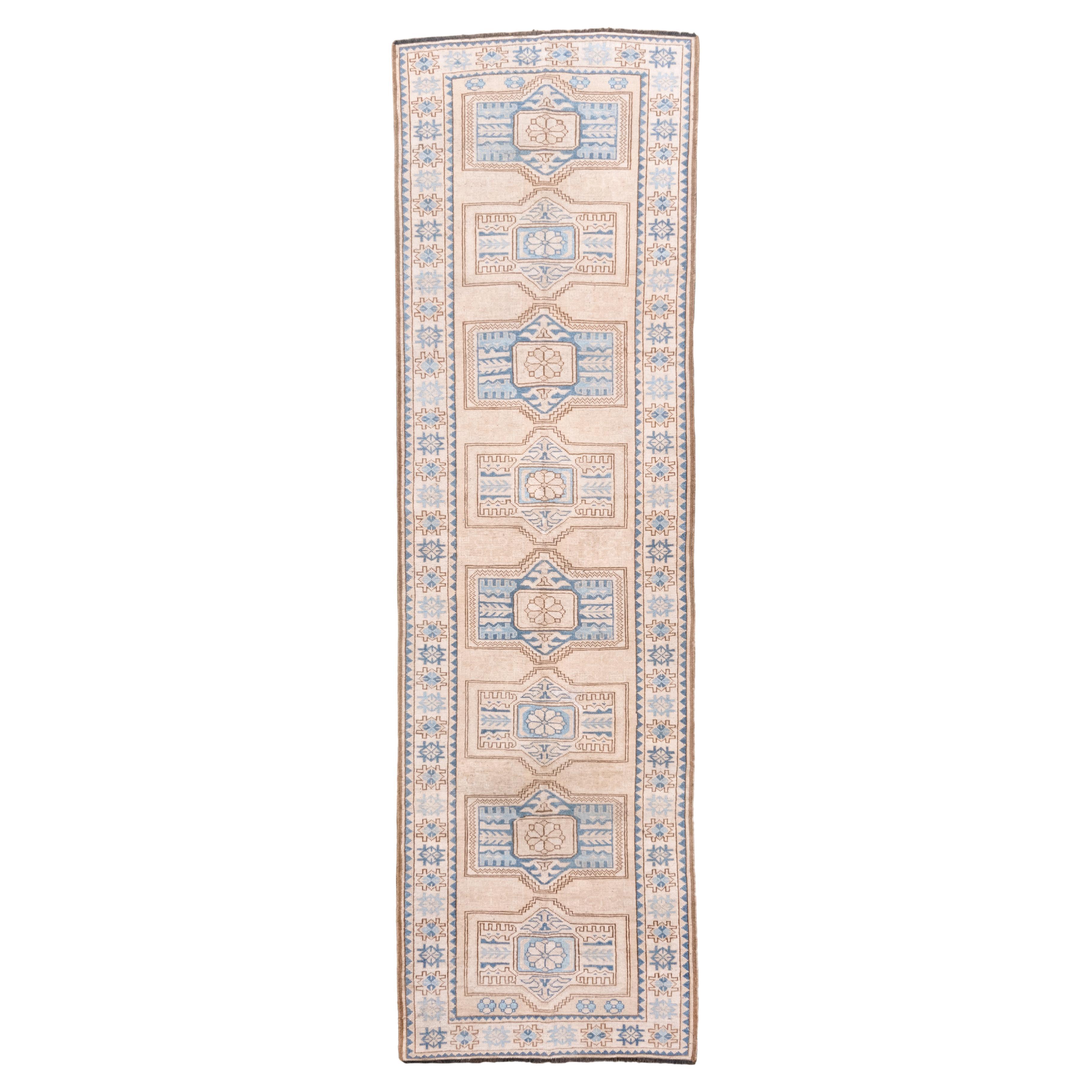 Vintage Afghan Kenare with Browns Blues and Creams For Sale