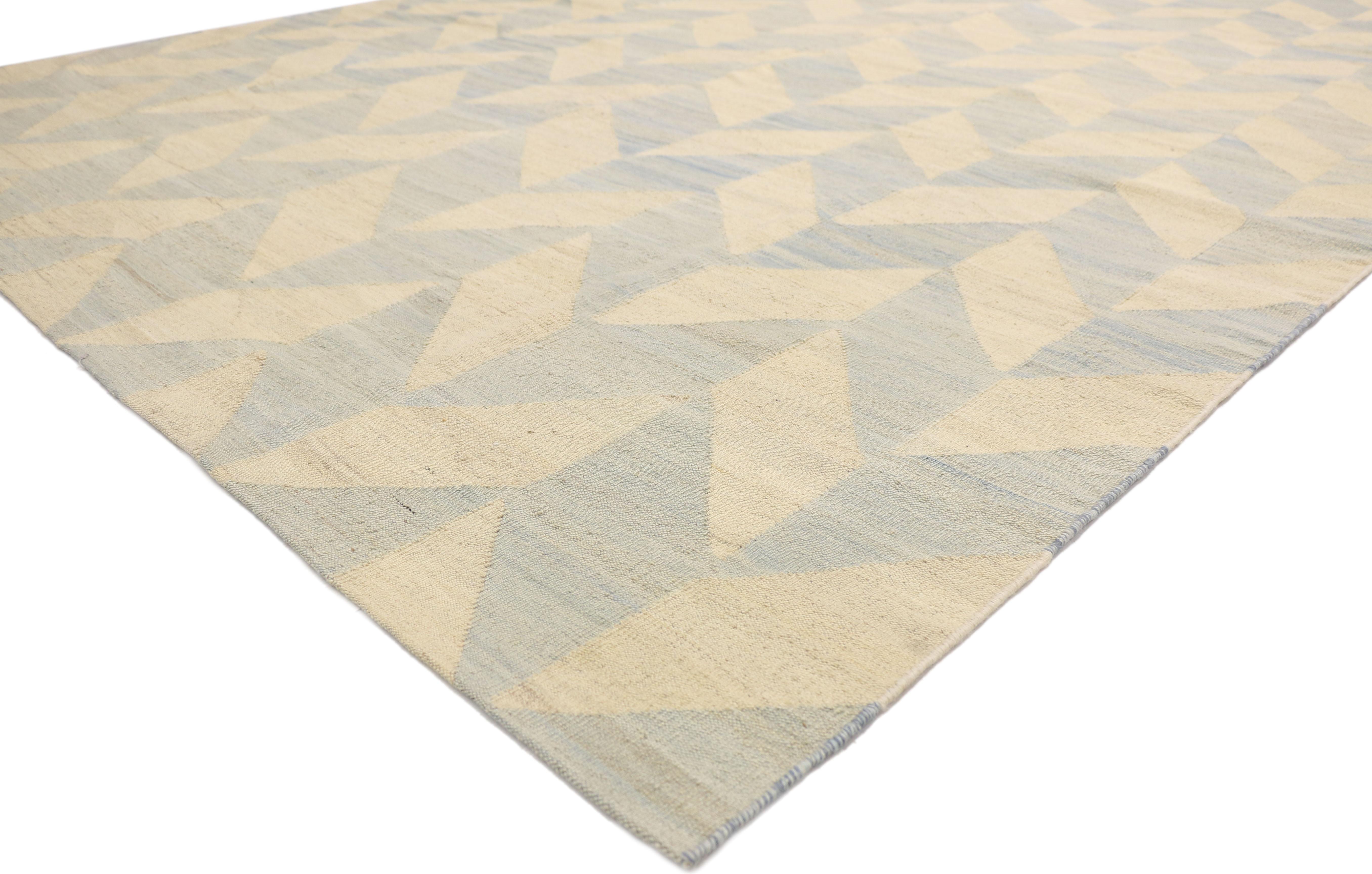 80095, vintage Afghan Kilim area rug with Herringbone pattern and coastal living style. This handwoven wool vintage Kilim area rug features a Classic Herringbone pattern and coastal style in a subtle color palette. The flat-weave Kilim rug displays