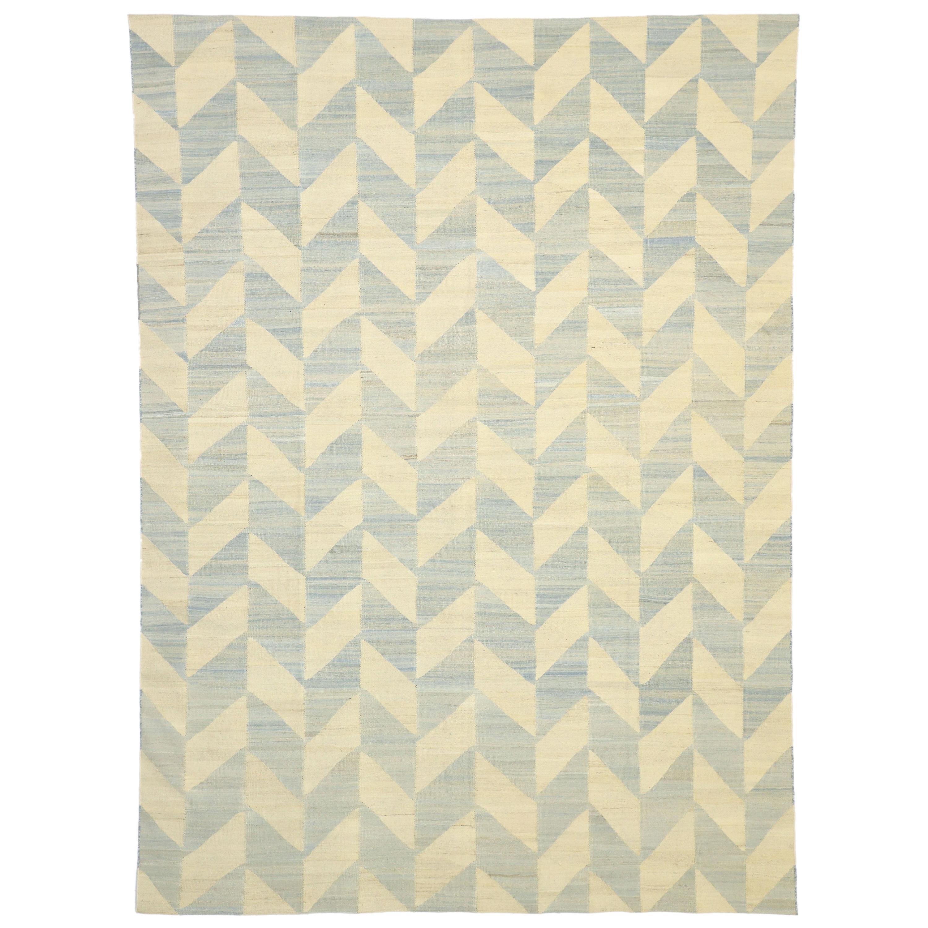 Vintage Afghan Kilim Area Rug with Herringbone Pattern and Coastal Living Style