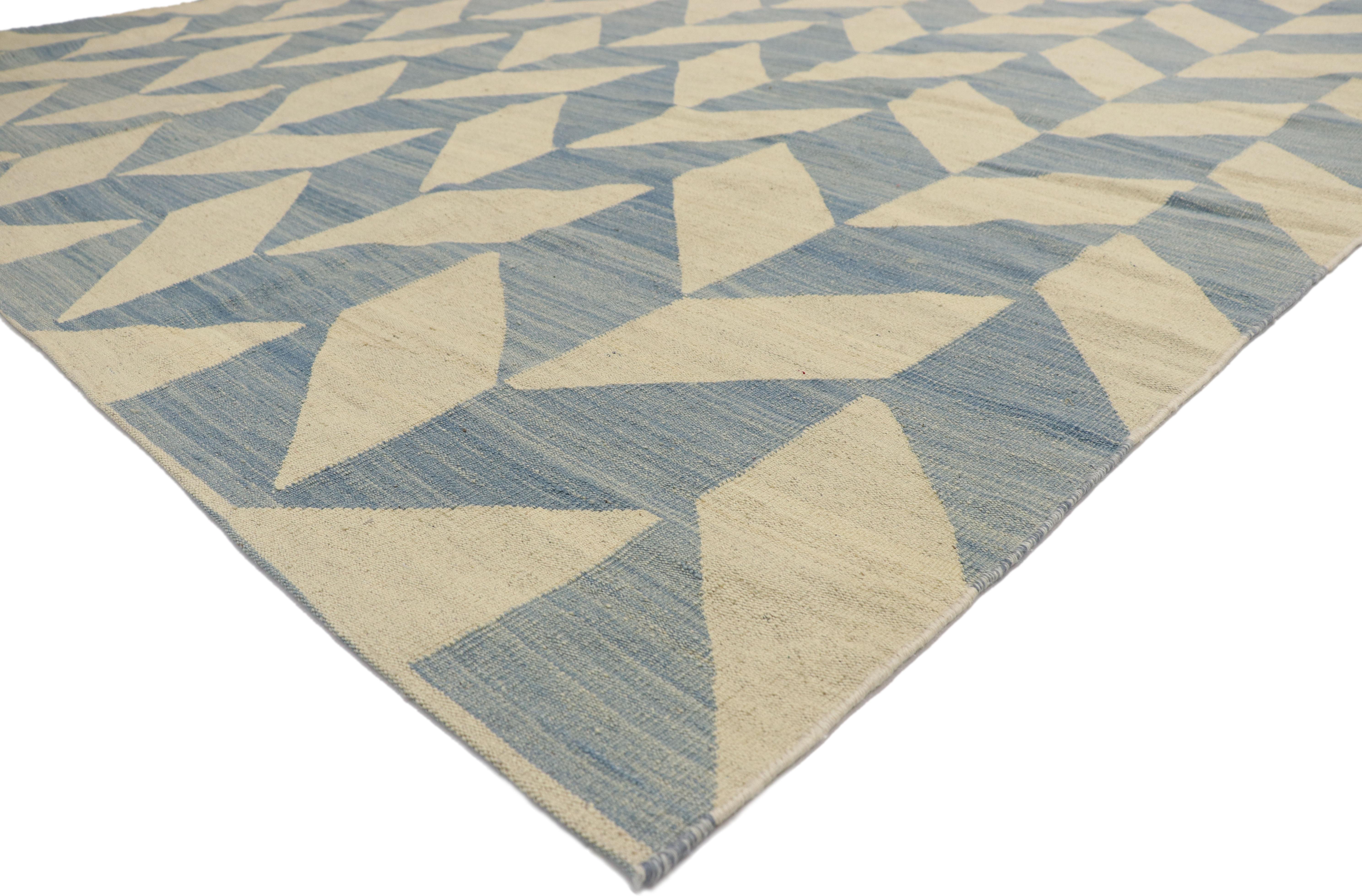 80097 Vintage Afghan Herringbone Kilim Rug with Southern Living Coastal Style. This handwoven wool vintage kilim area rug features a classic Herringbone pattern and coastal style in a subtle color palette. The flat-weave kilim rug displays a