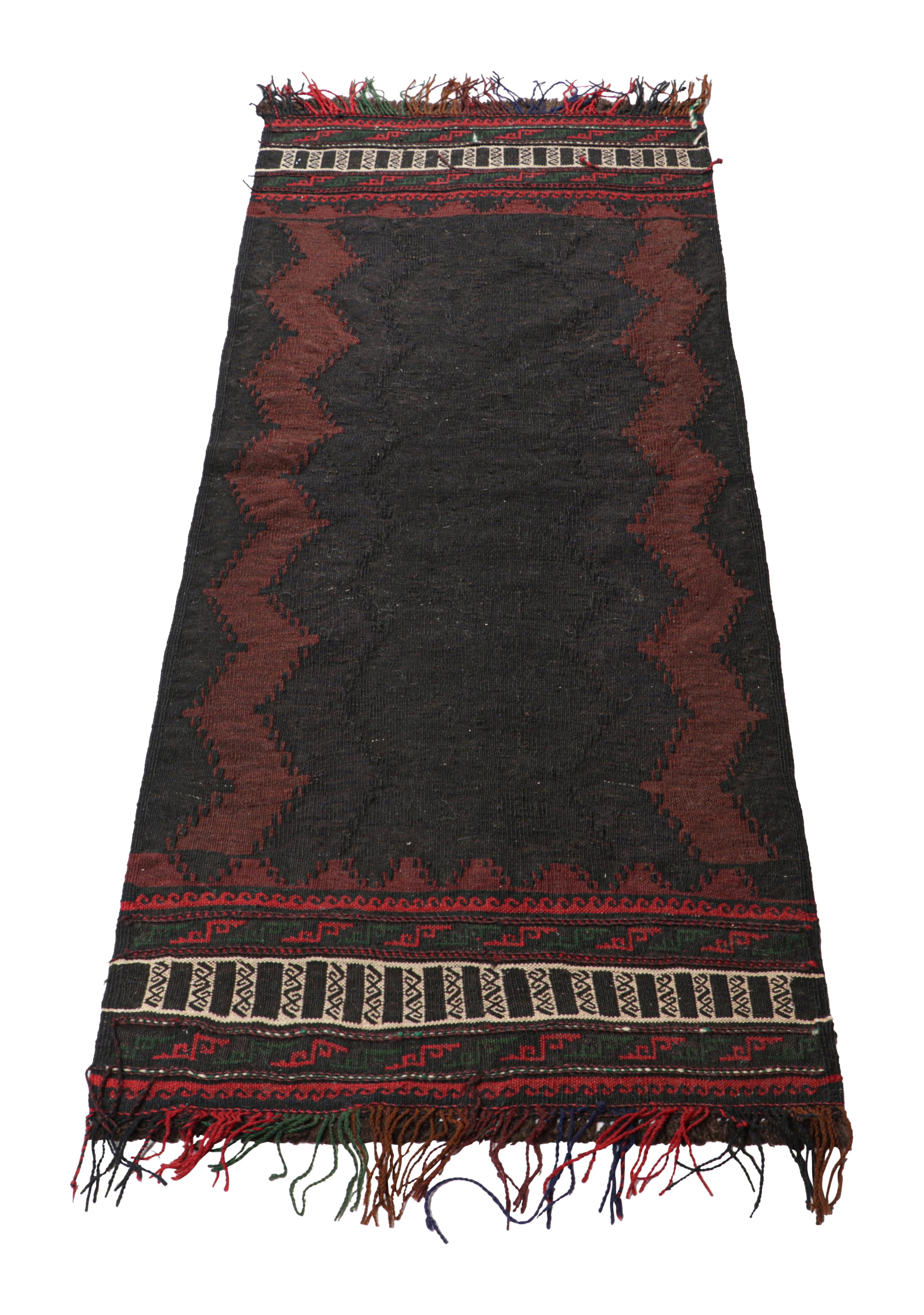 Hand-Woven Vintage Afghan Kilim, in Black with Burgundy Chevrons, from Rug & Kilim For Sale