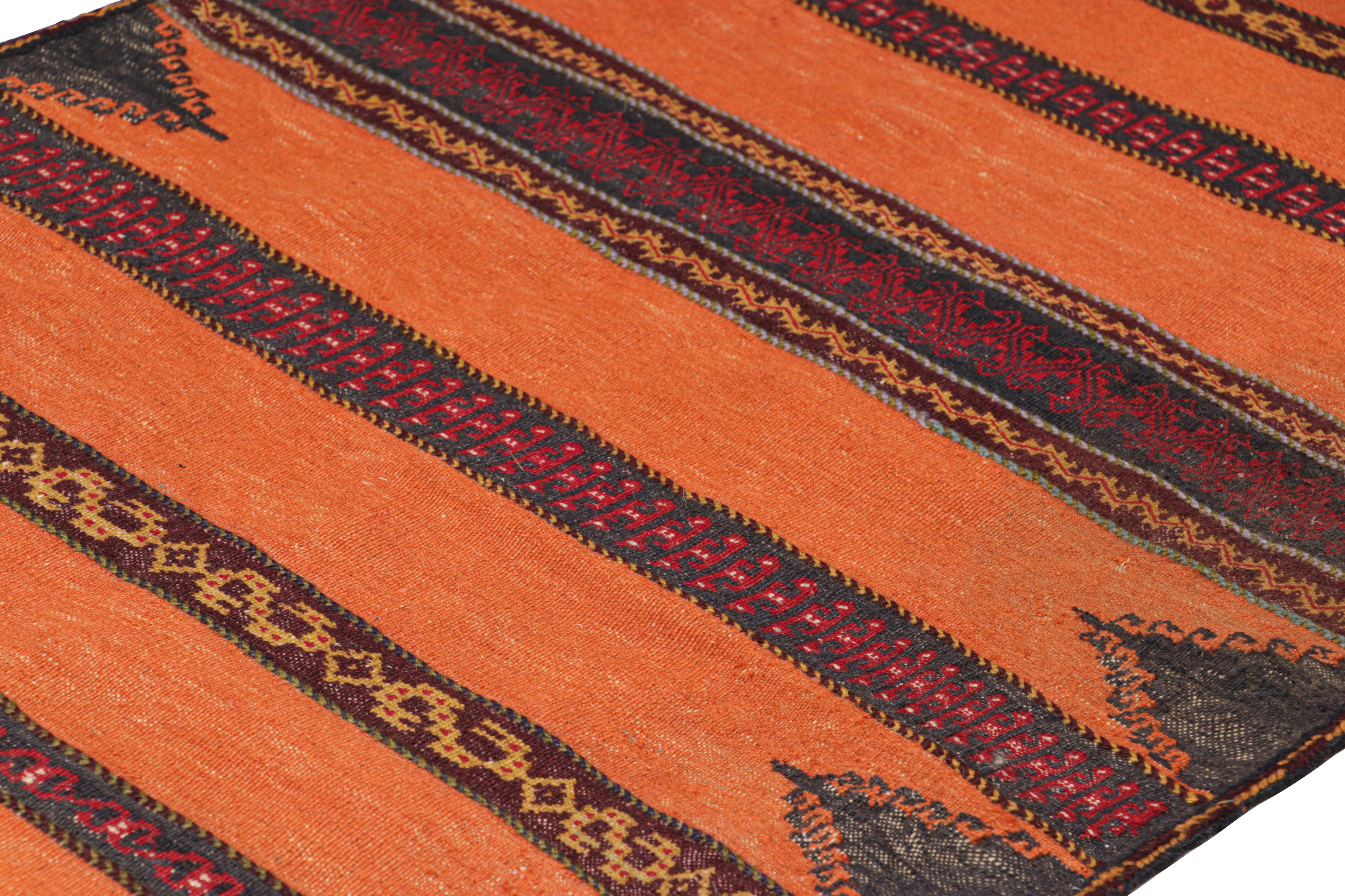 Handwoven in wool, circa 1950-1960, this 2x5 vintage Afghan tribal kilim, is a collectible tribal piece that may have been used as table covers in nomadic daily life, much similar to Persian Sofreh Kilims.

On the Design: 

Drawing on Afghan tribal