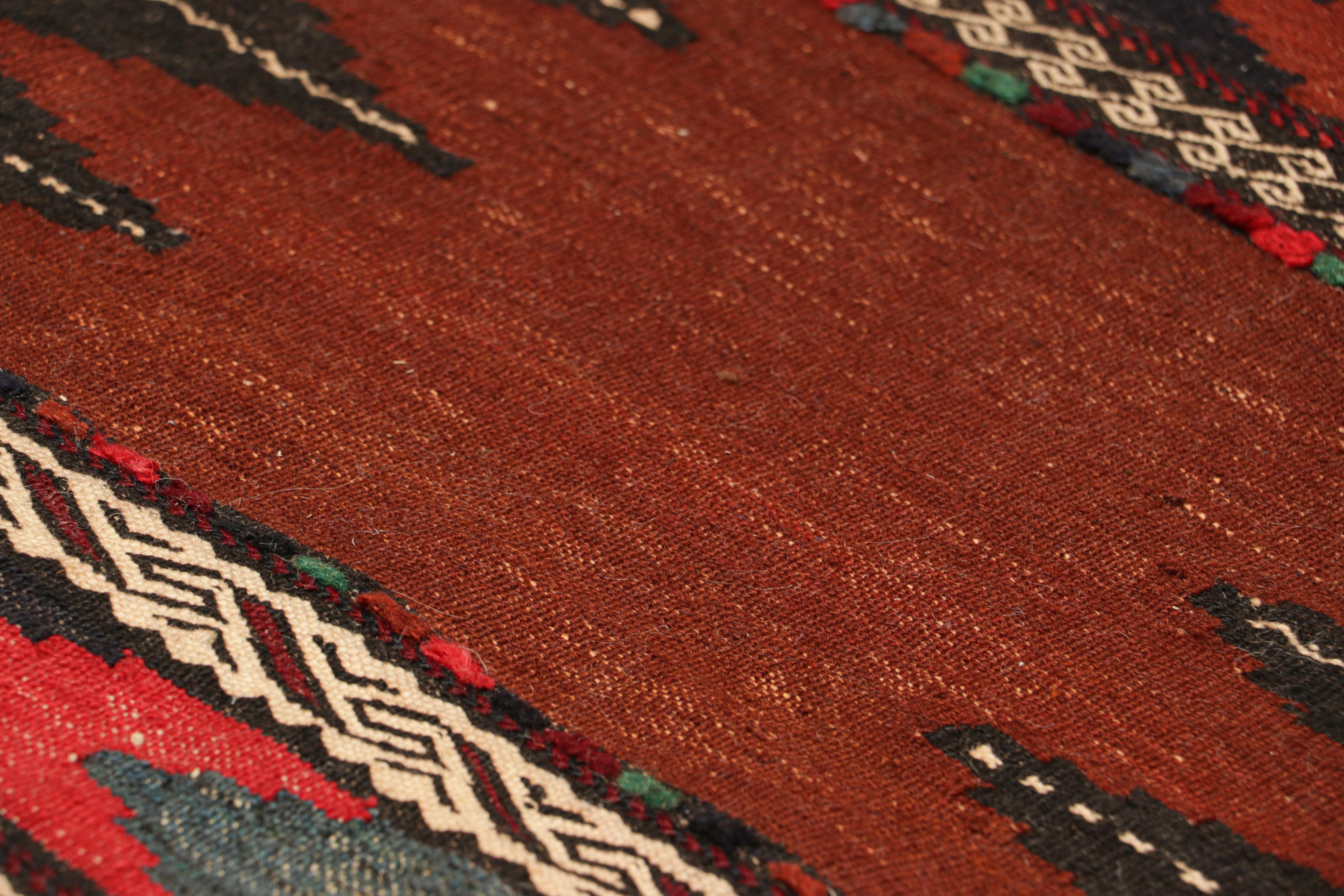 Handwoven in wool, circa 1950-1960, this 3x7 vintage Afghan tribal kilim, is a collectible tribal piece that may have been used as table covers in nomadic daily life, much similar to Persian Sofreh Kilims.

On the Design: 

Drawing on Afghan tribal