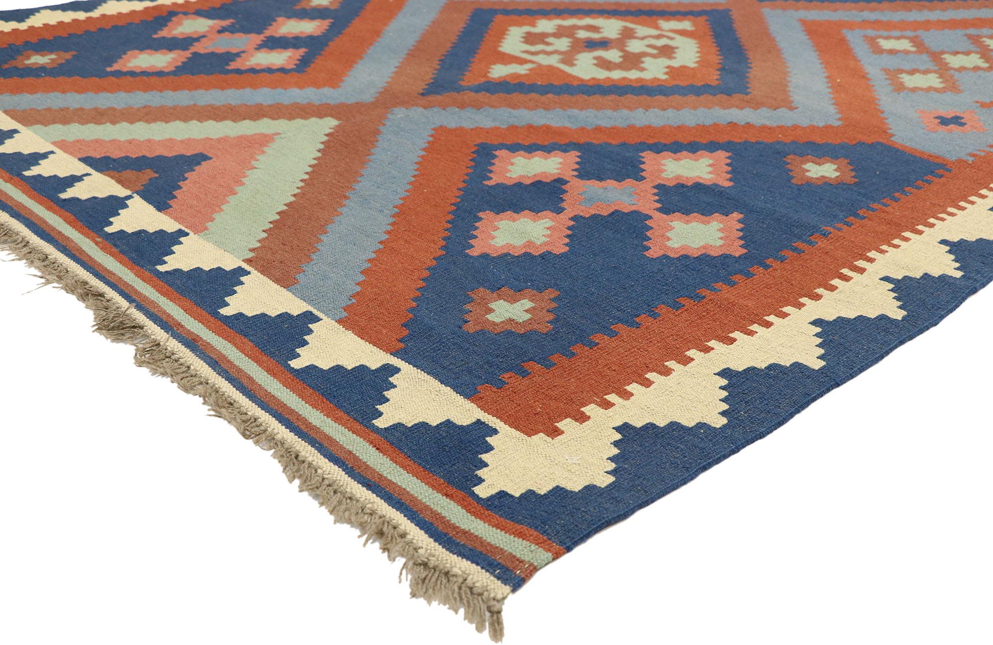 71974 vintage Afghan Kilim rug with Native American Navajo two grey hills style 05'01 x 06'05. Captivating and emanating Navajo vibes and Adirondack Lodge style, this handwoven wool vintage Afghani Kilim rug features a central diamond lozenge