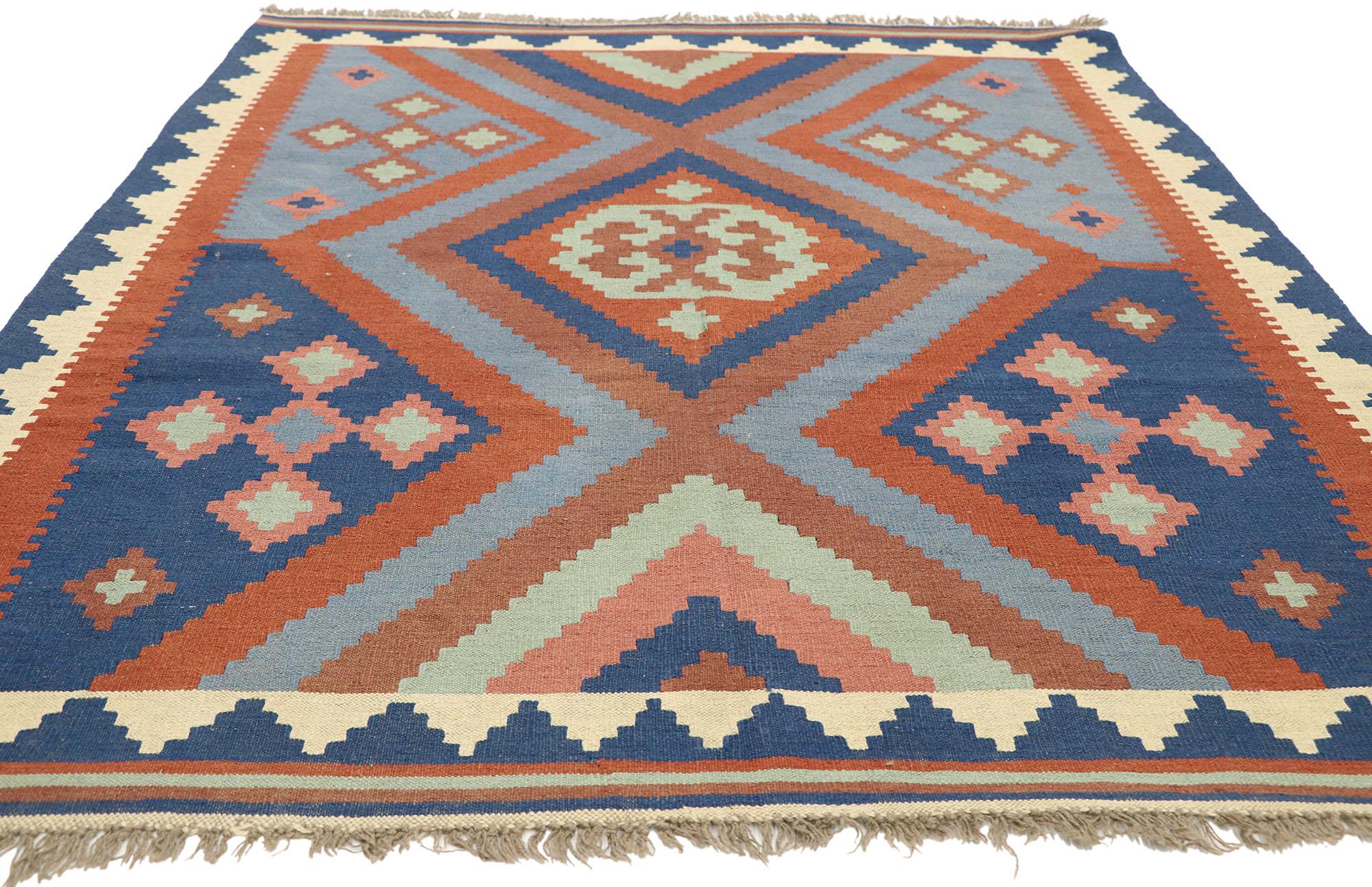 Hand-Woven Vintage Afghan Kilim Rug with Native American Navajo Two Grey Hills Style