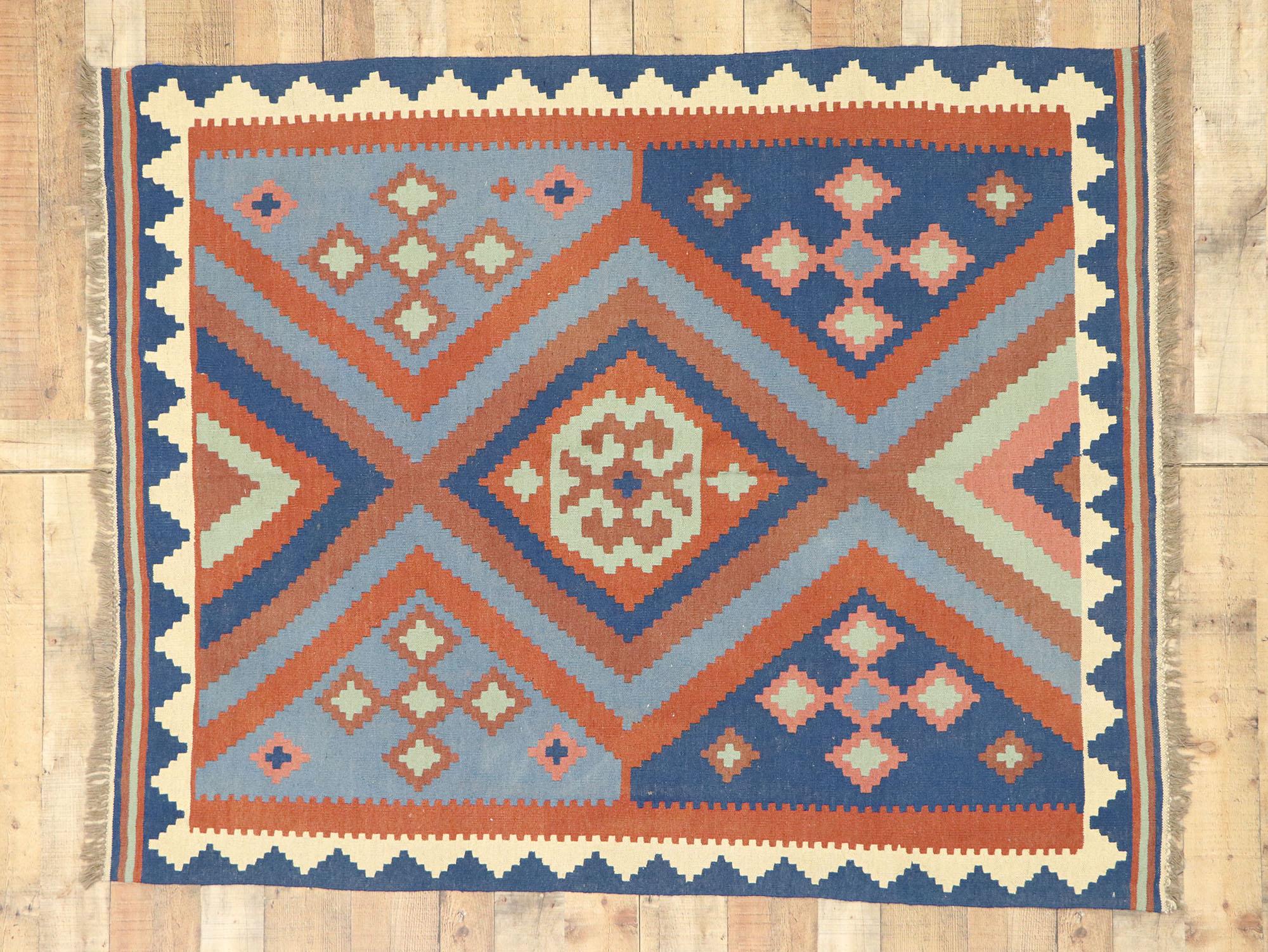 Vintage Afghan Kilim Rug with Native American Navajo Two Grey Hills Style 1